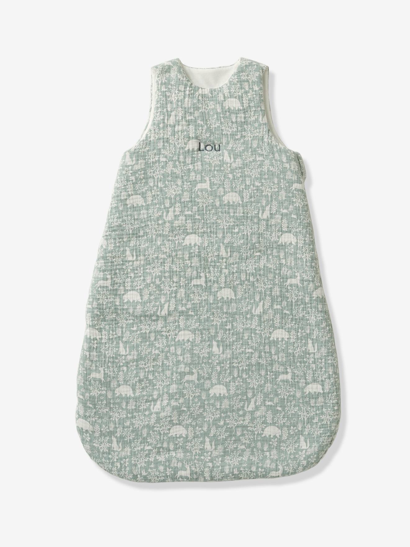 Gigoteuse sans manches en gaze de coton personnalisable DANS LES BOIS Oeko-Tex® vert sauge