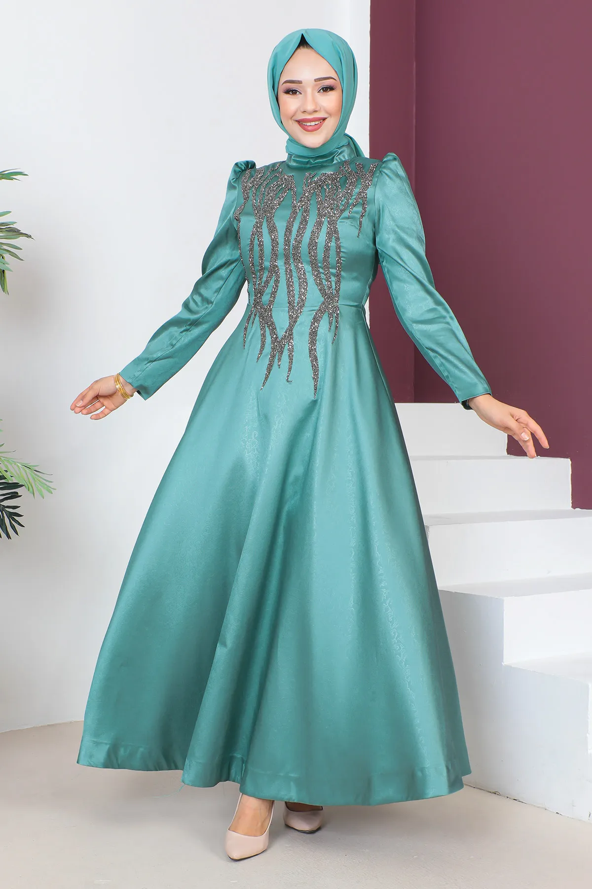 Tesettür Dünyası  Abendkleid mit Paillettendetail auf der Vorderseite TSD230634 Mintgrün