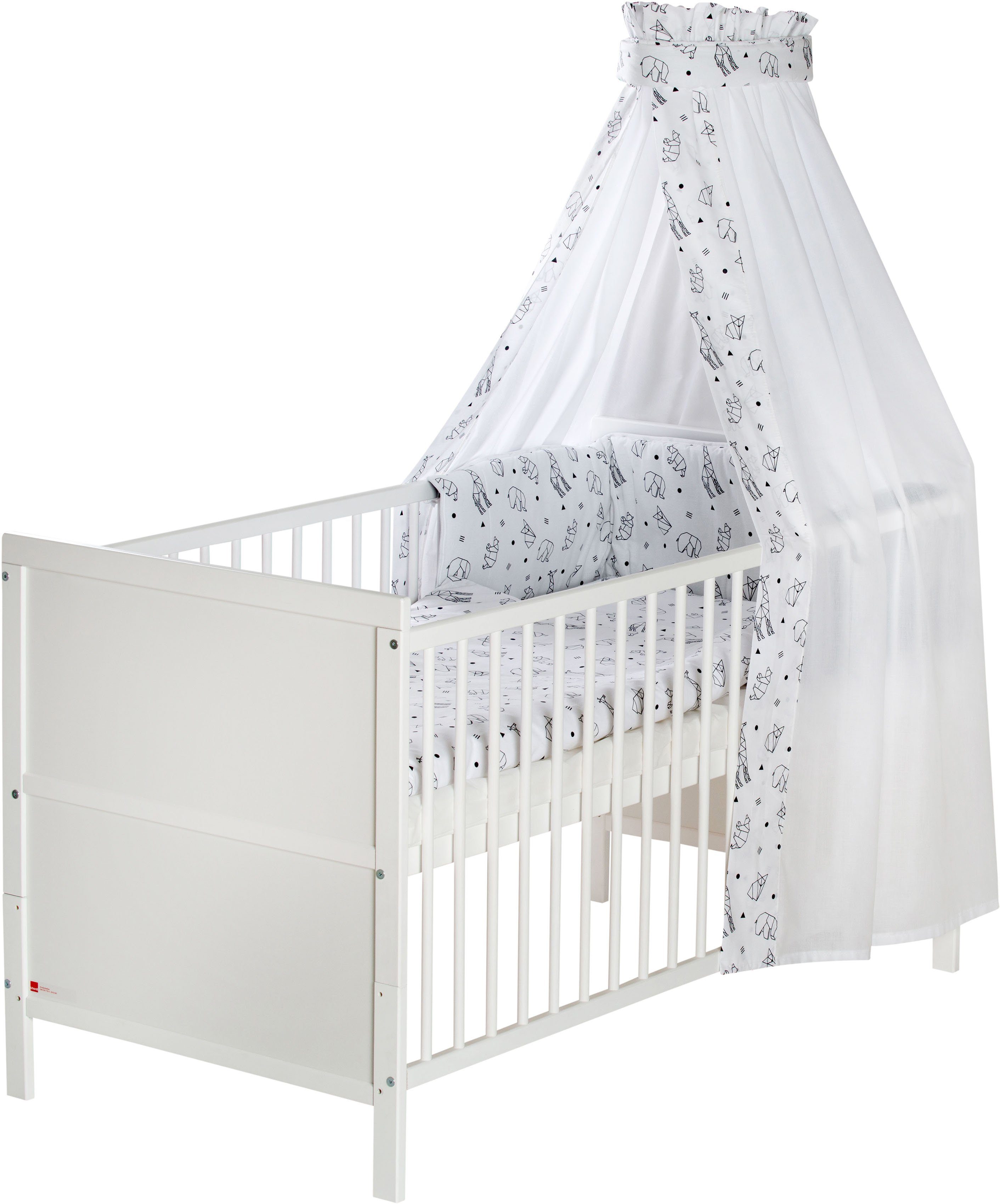 Schardt Babybett Lenny, Origami Black, umbaubar zum Juniorbett, mit Bettwäsche, Nestchen, Himmel