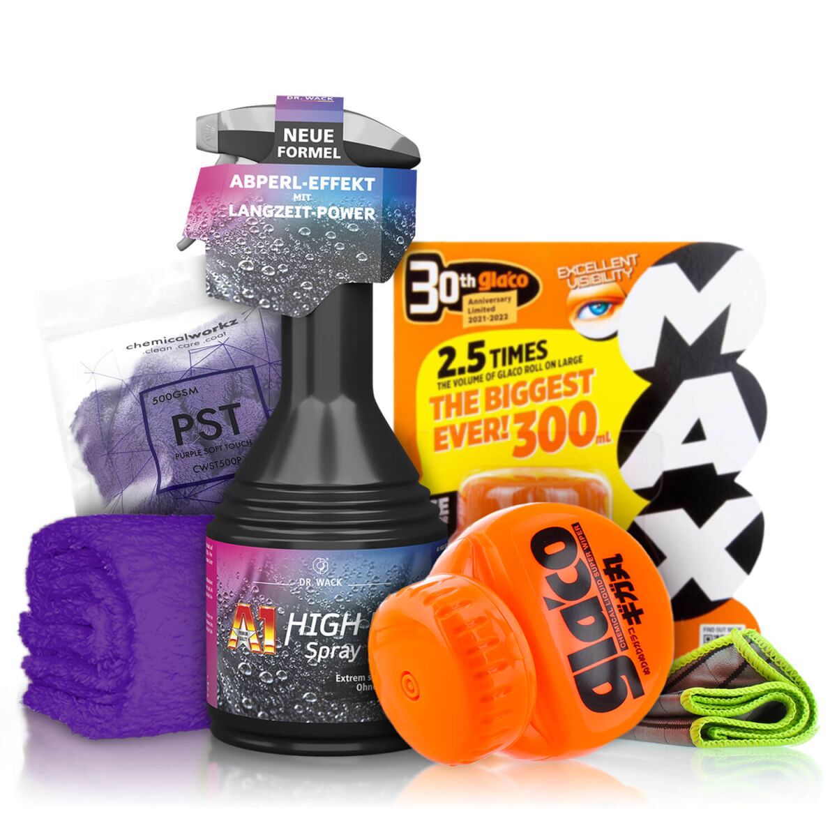 Dr. Wack High End Spray Wax   Soft99 Glaco Set für die Lack- & Glasversiegelung: Soft99 Glaco Roll On Max 300ml   Dr. Wack A1 Sprühwachs   ChemicalWorkz Mikrofasertuch 500GSM & Carbontuch 360GSM  | 4-teiliges Sparset