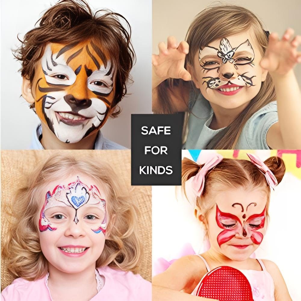 Diyarts Schminkstift (umfangreiches und sicheres Face-Painting-Kit, 19-tlg), 19 lebendige Farben, funkelnder Glitzer, wiederverwendbare Schablonen