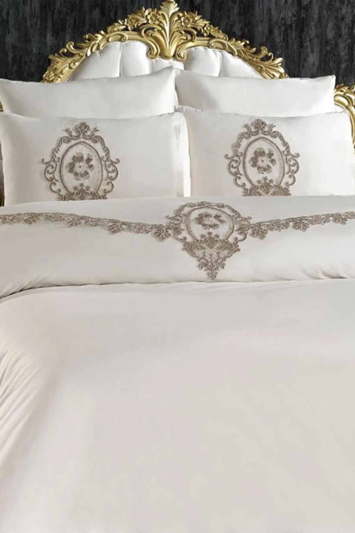 Çeyiz Diyarı  Französisches Suzi-Doppelbettbezug-Set mit Schnürung, Creme