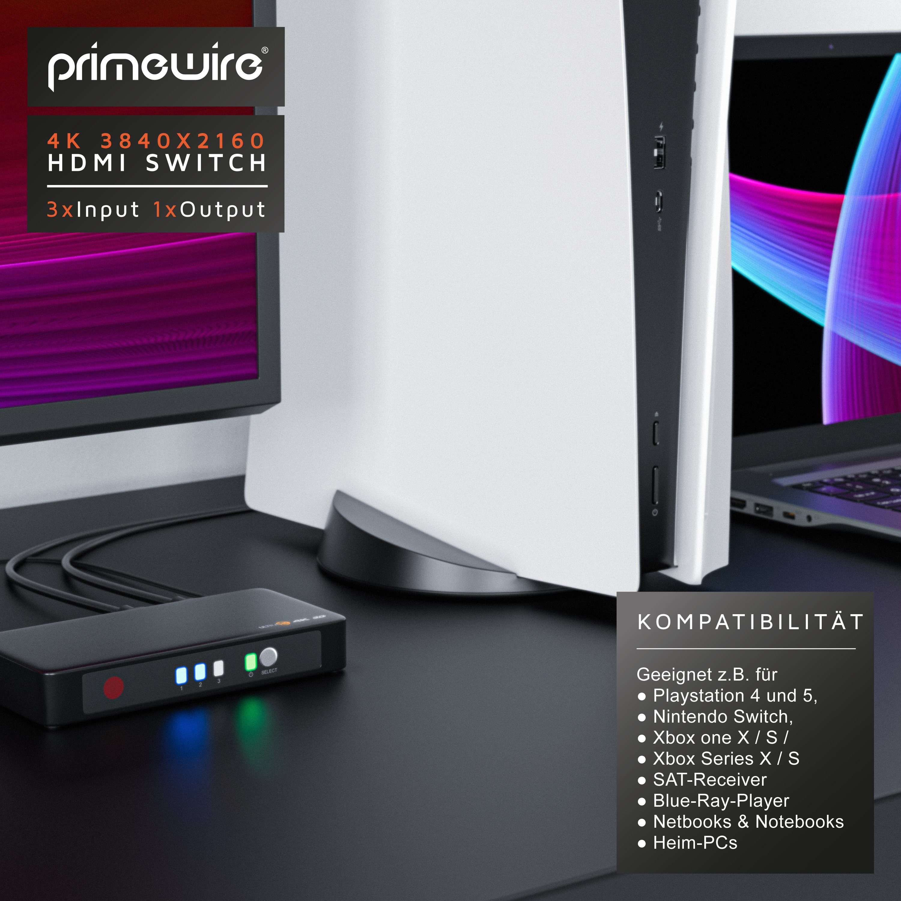 Primewire Audio / Video Matrix-Switch, 3-Port 4k HDMI Switch mit Fernbedienung / 3D + CEC / 2160p 30Hz