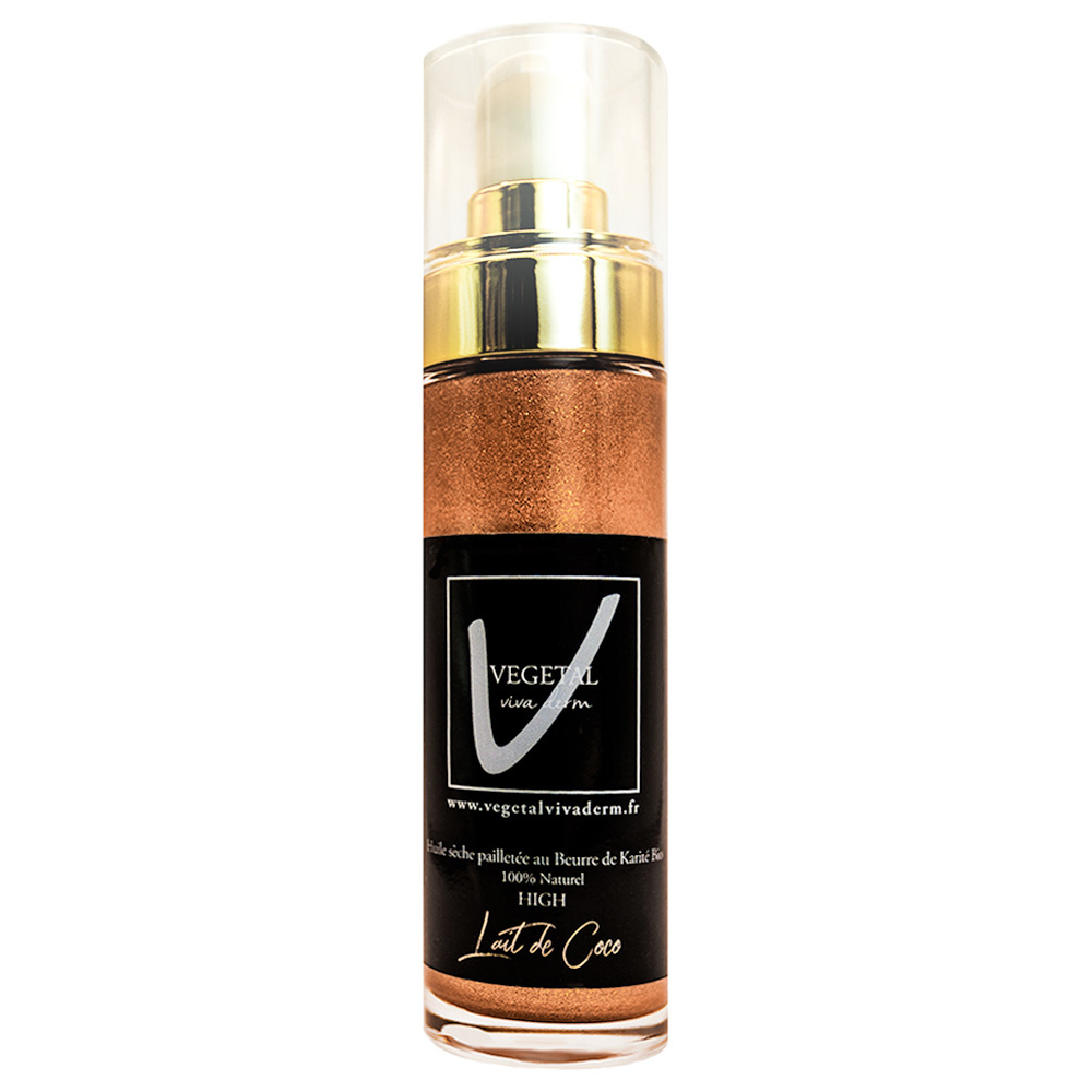 vegetal viva derm Huile pailletée Lait de coco (high) Bronzé-pailleté-satiné. Non collante