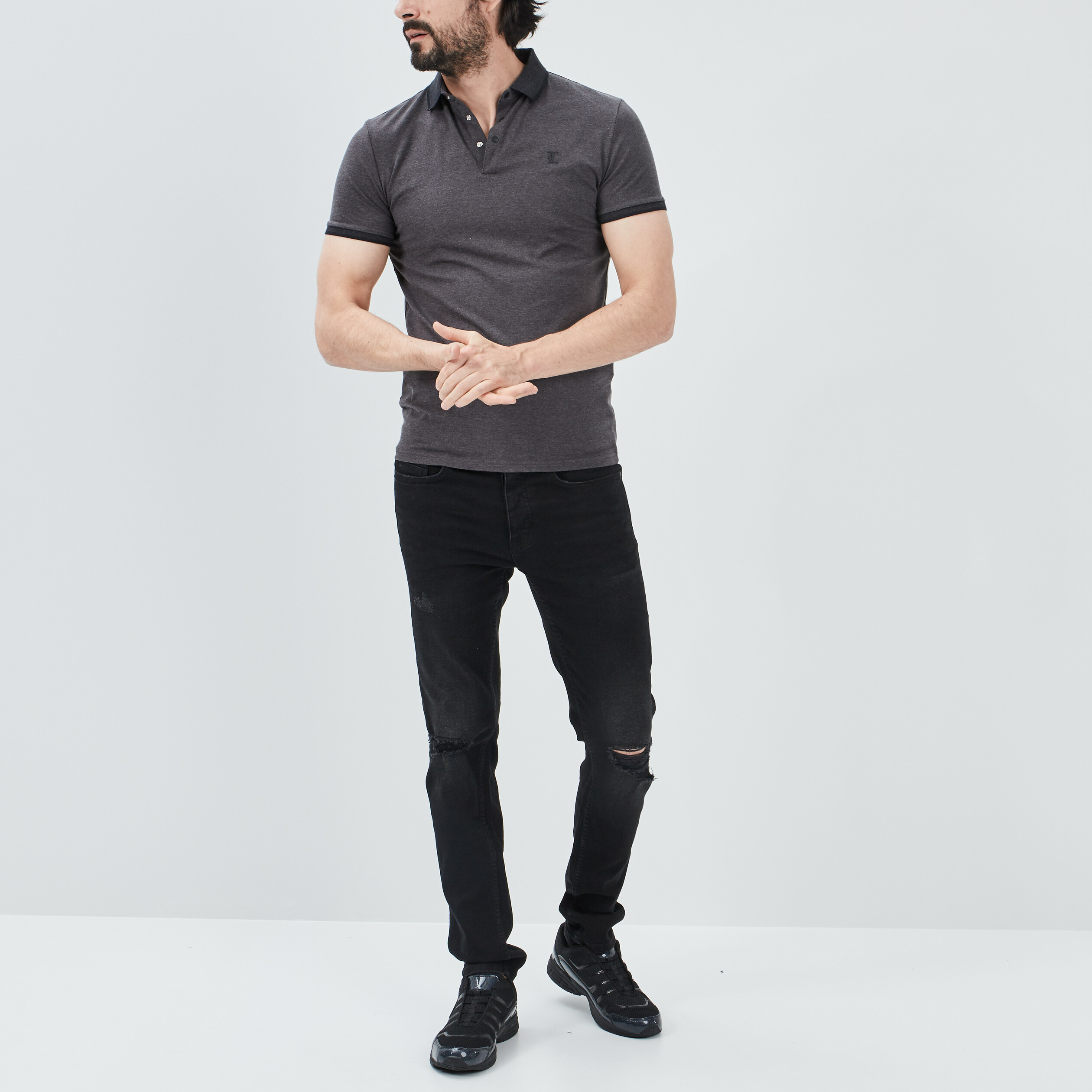 Polo ajusté manches courtes gris foncé homme | La Halle