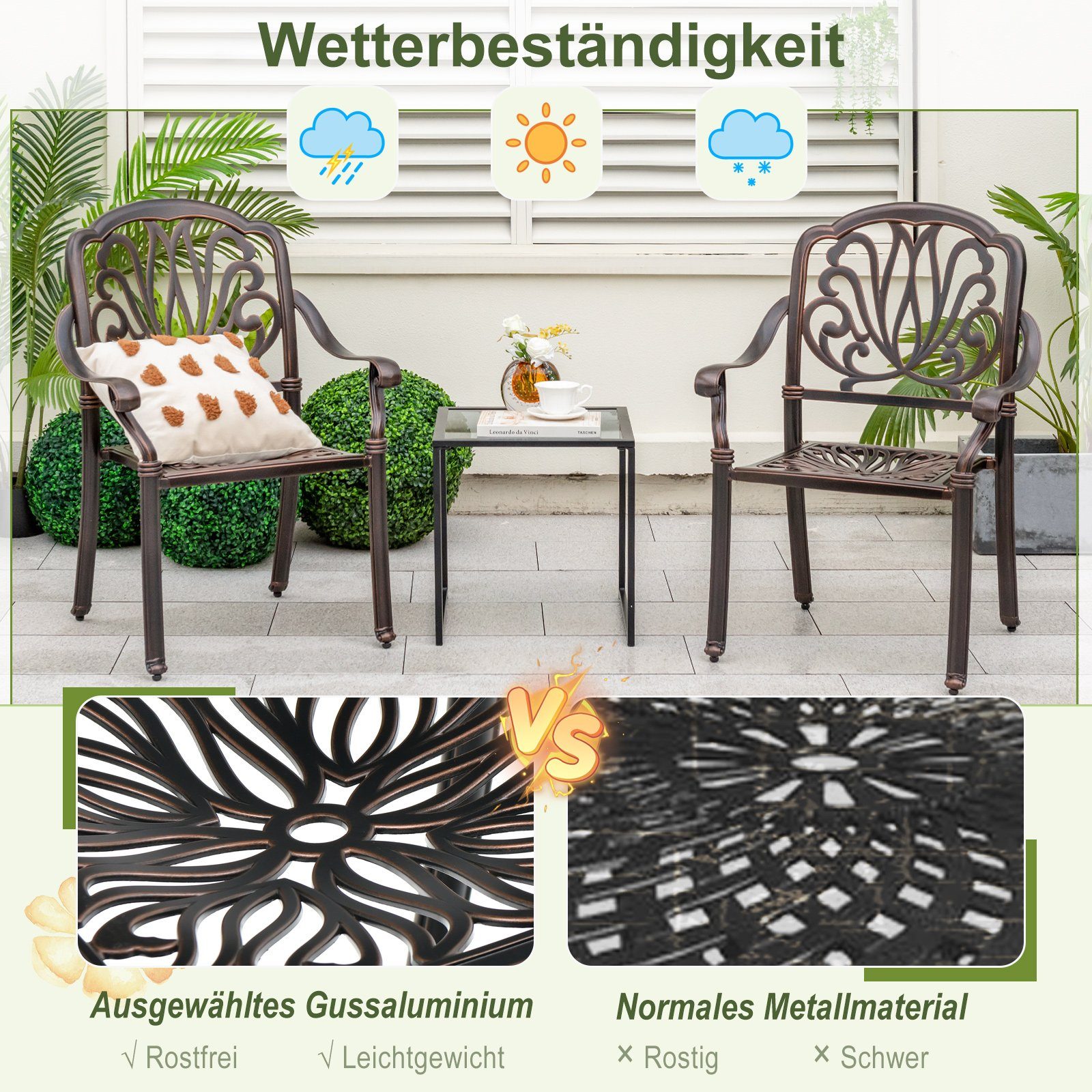 COSTWAY Gartenstuhl 2er Set Stapelstühle, mit Armlehnen