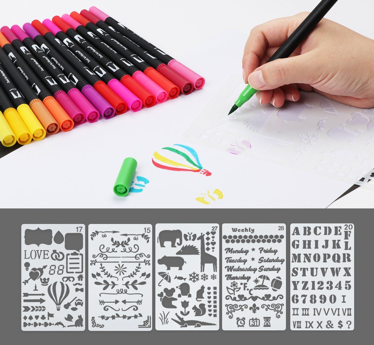 Homewit Filzstift 36 Farben Dual Brush Pen Marker mit 5 Schablonen + 1 Wassertankpinsel, (Set, 36, 36-tlg), Kunst Filzstift Set für Manga, Kalligraphie, Malen