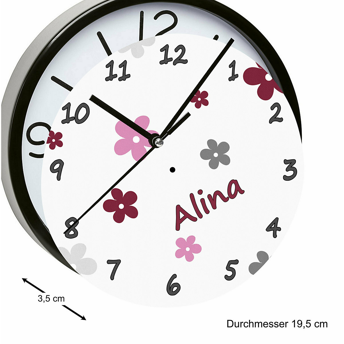 Kinder Wanduhr personalisiert mit Name Blumen Brombeere Grau