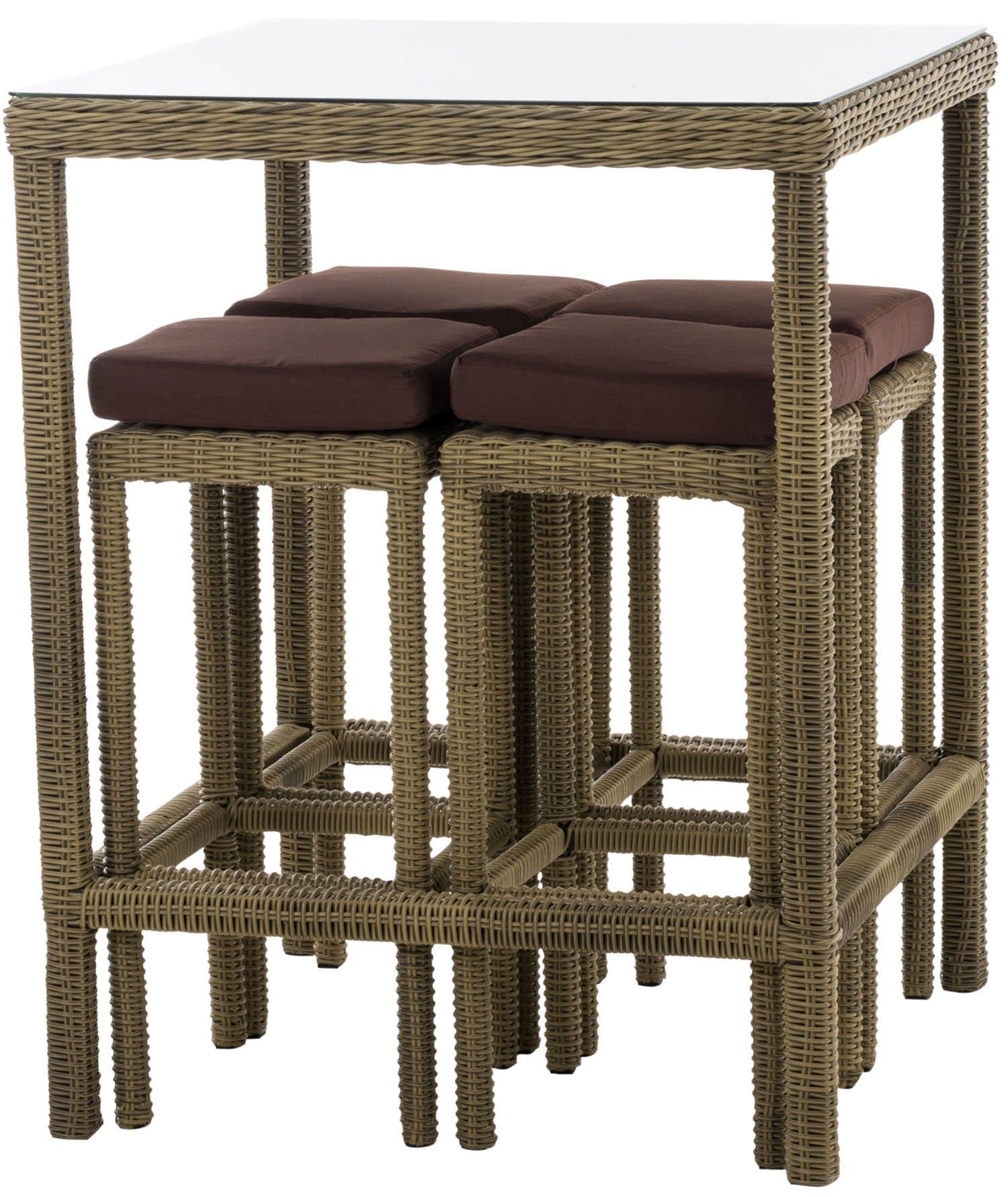 TPFGarden Gartenbar-Set Alina - aus 5mm Polyrattan und Aluminium-Gestell, (Stehtisch-Set mit 4 Hockern und Kunstlederauflagen, Gartenlounge-Set - wasserfest, pflegeleicht und UV-beständig), Maße (TxBxH): Tisch 84 x 84 x 110,5cm - Hocker 37 x 37 x 74,