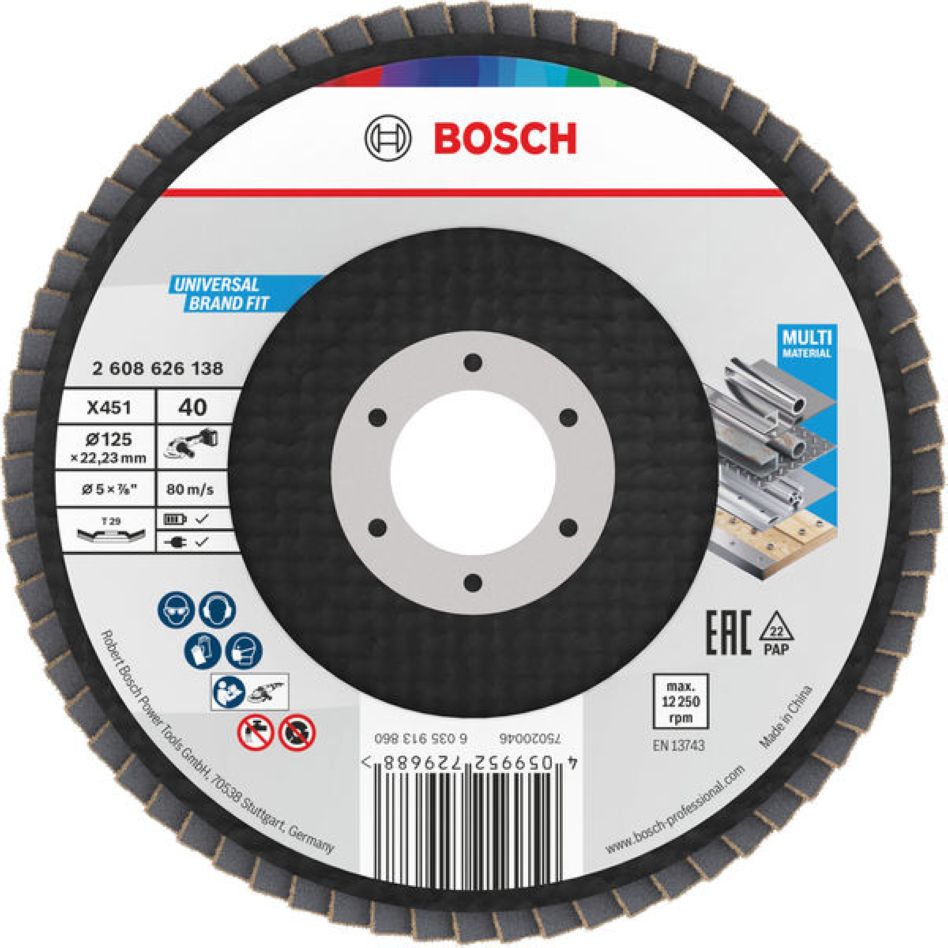 Bosch Blue Zubehör 2608626138 Lamellenschleifscheibe X451 Multi Material Ø125 mm Körnung 40 rechtwinklige Ausführung