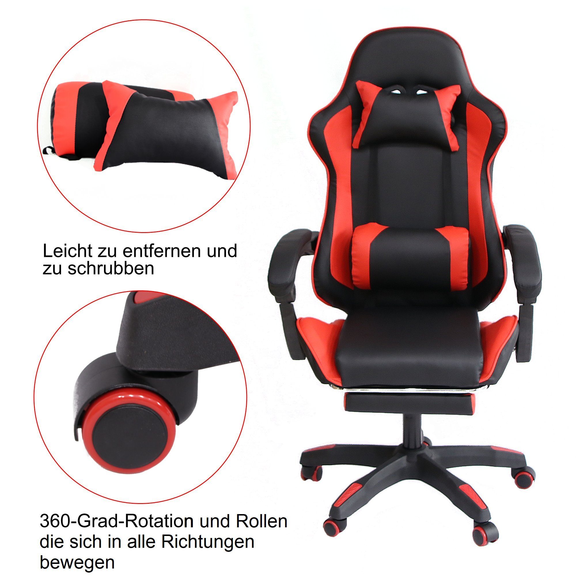 Melko Gaming-Stuhl Schreibtischstuhl Gamingstuhl Bürostuhl Chefsessel Drehstuhl in Schwarz Rot Sportsitz Höhenverstellbar inkl. Fußablage für Gaming Büroarbeit Office (Stück)