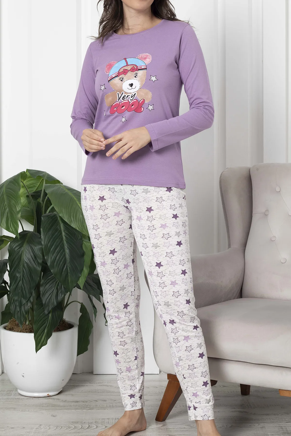 Lady Secret  Damen-Pyjama-Set mit langen Ärmeln aus Baumwolle LILA