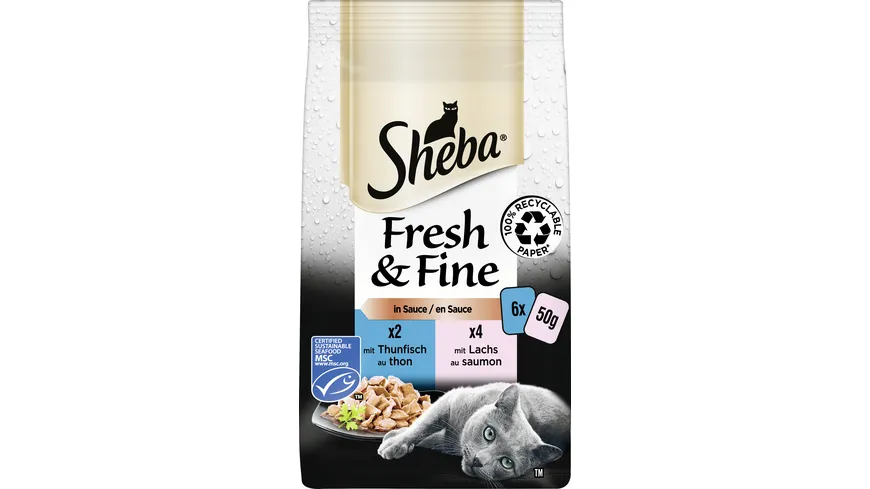 SHEBA® Fresh & Fine in Sauce mit Thunfisch und mit Lachs Portionsbeutel 300 g