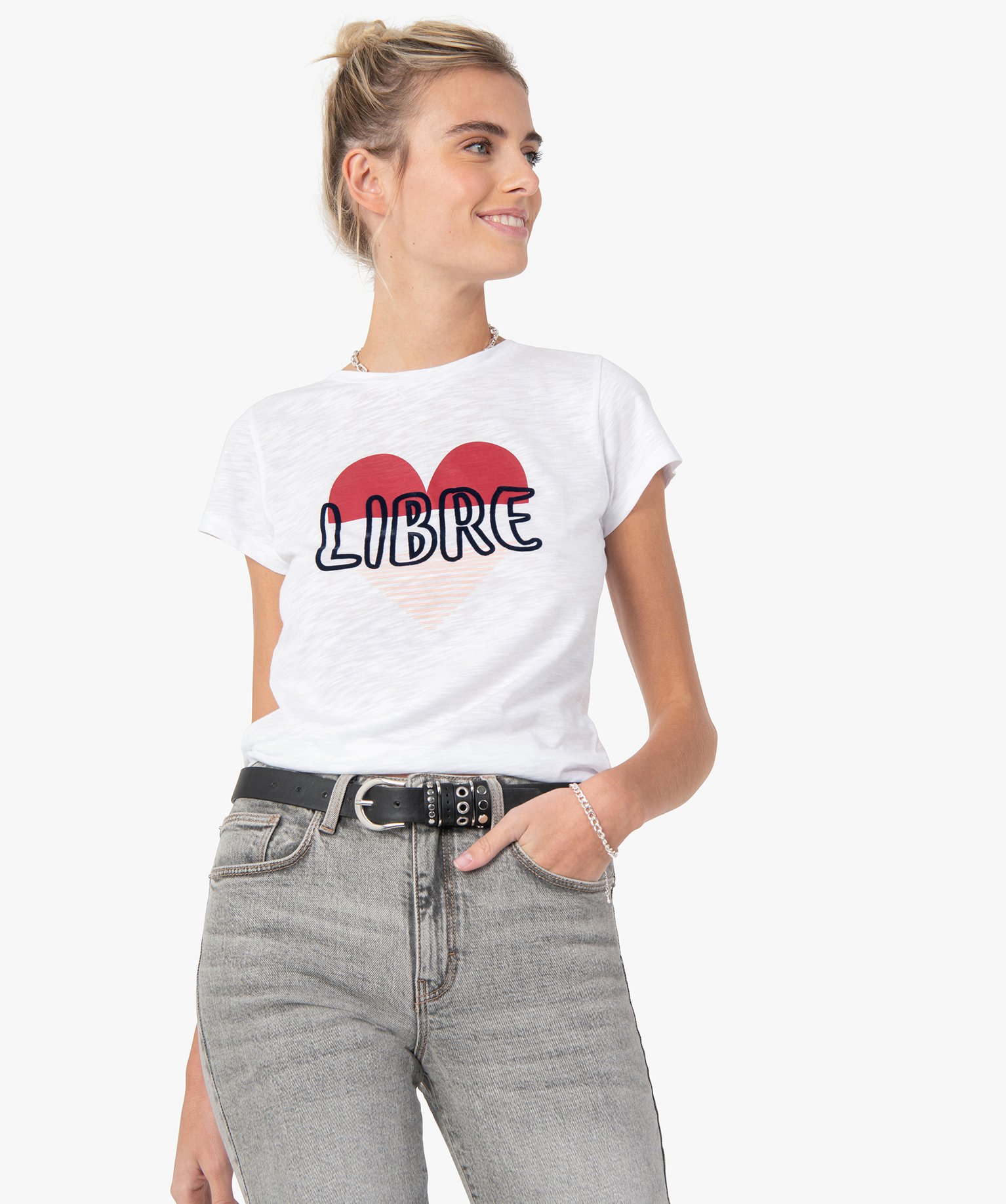 Tee-shirt femme à manches courtes avec motif cur blanc | GEMO