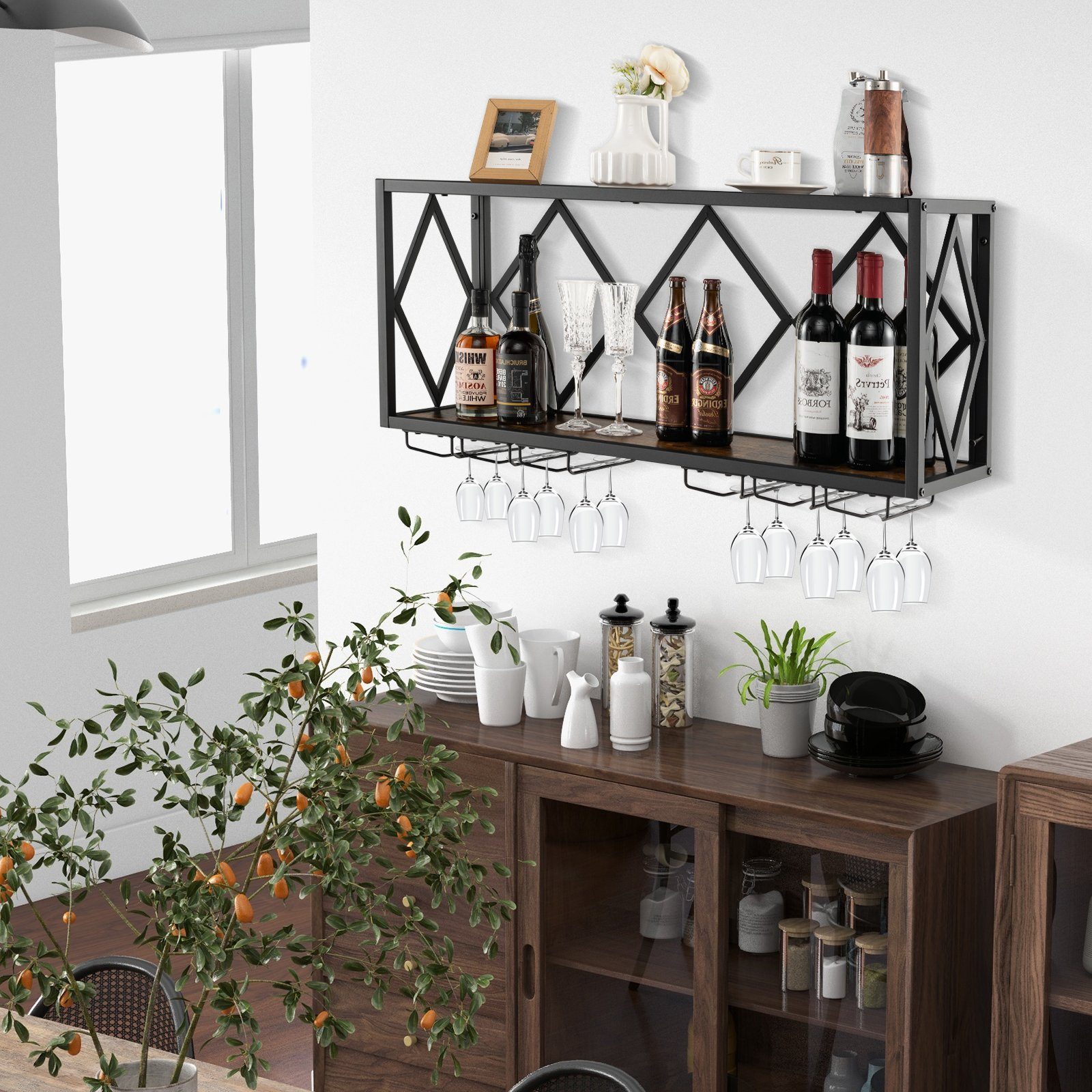 COSTWAY Weinregal, Wand, 2 Ebenen, Metall, 39 Flaschen&12 Gläser, 100x25x45cm