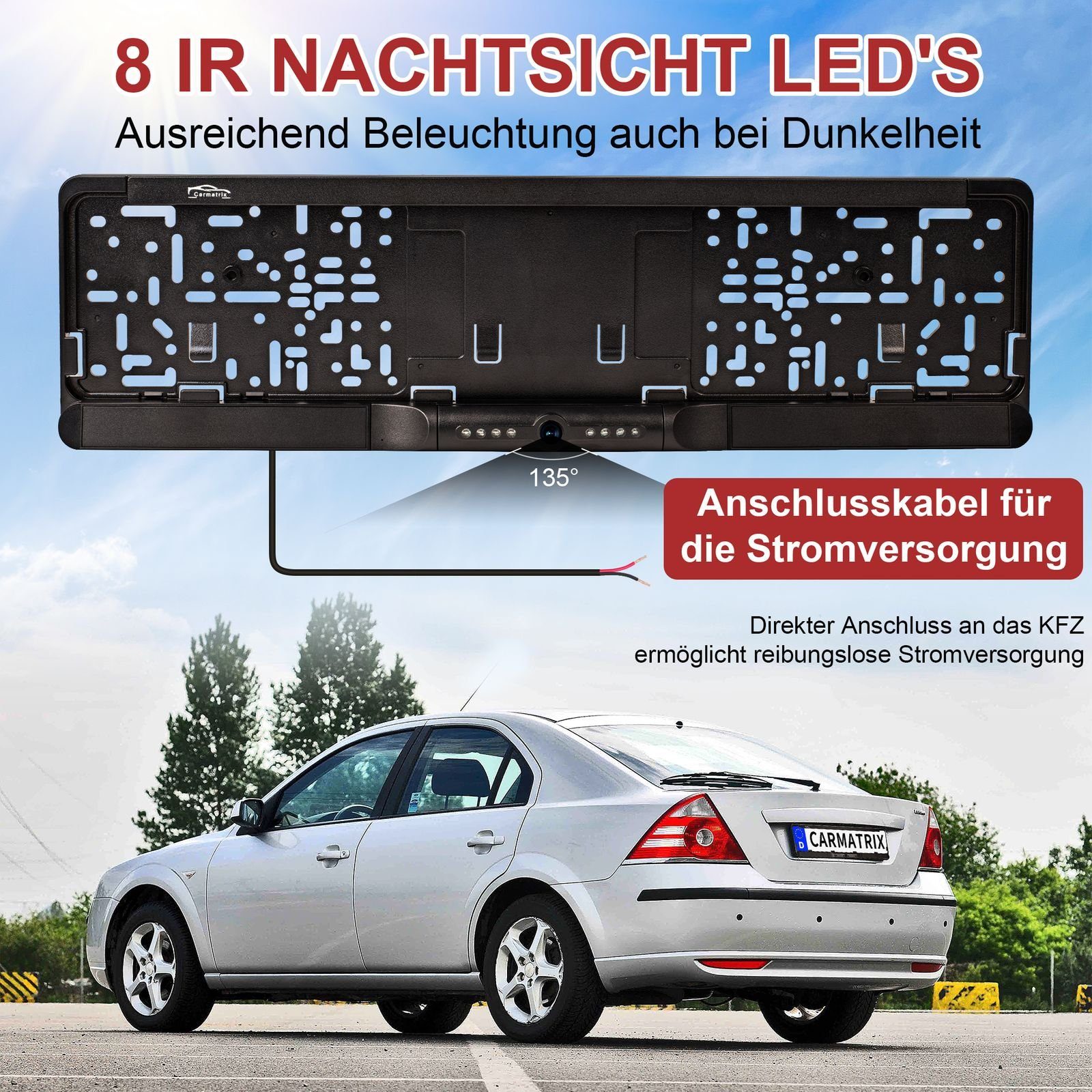 CARMATRIX Kabel 1 Rückfahrkamera (Auto Funk Rückfahrsystem im Nummernschild Kennzeichenhalter, Rückfahrkamera Digital kabellose Einparkhilfe zum nachrüsten)