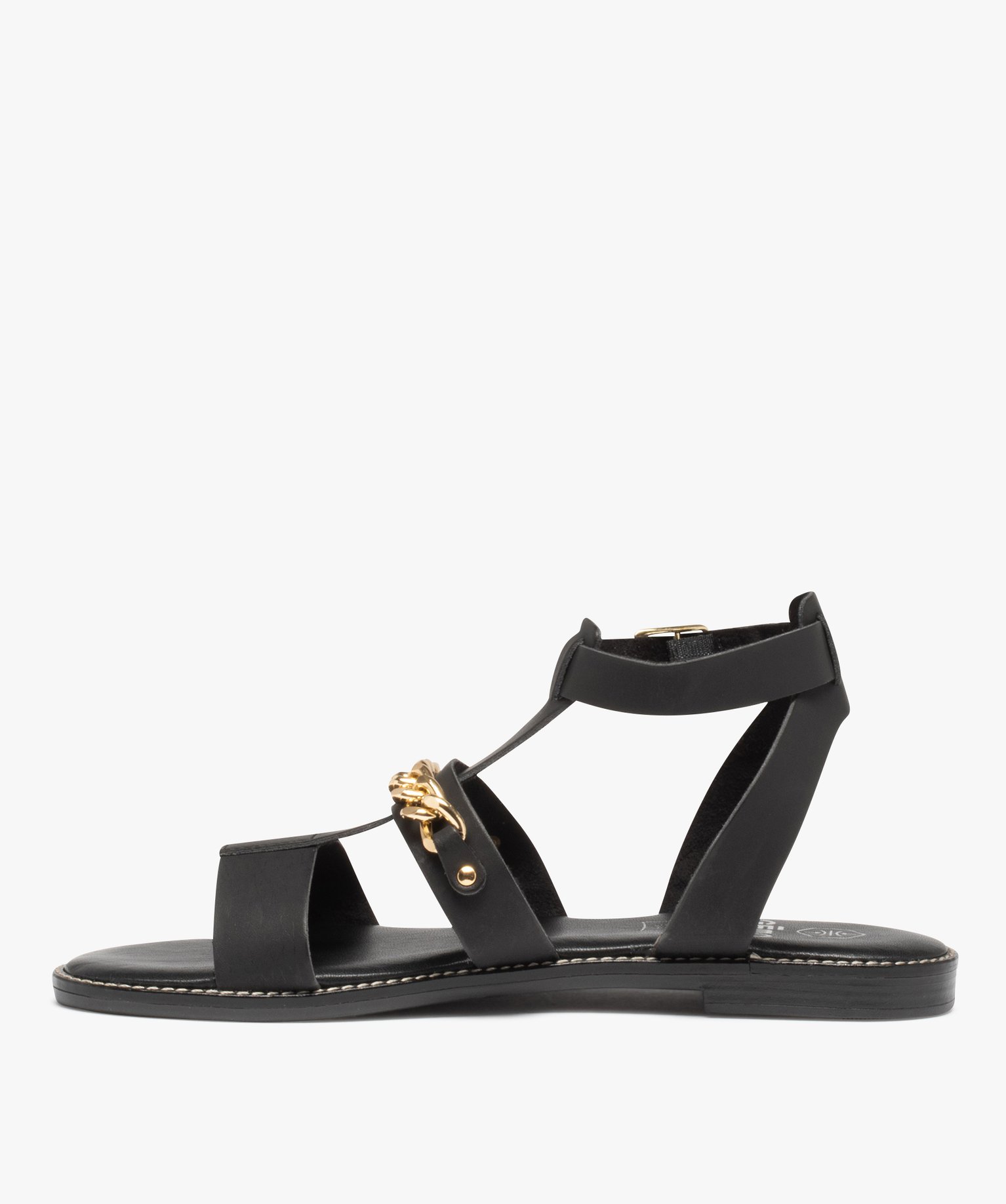 Sandales femme à talon plat et brides unies avec chane noir | GEMO