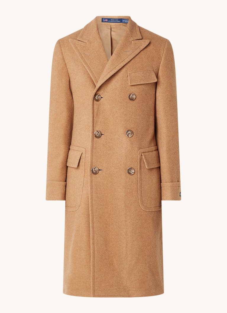 Casaco Ralph Lauren de lã cor de camelo com abotoamento duplo e bolsos com aba.