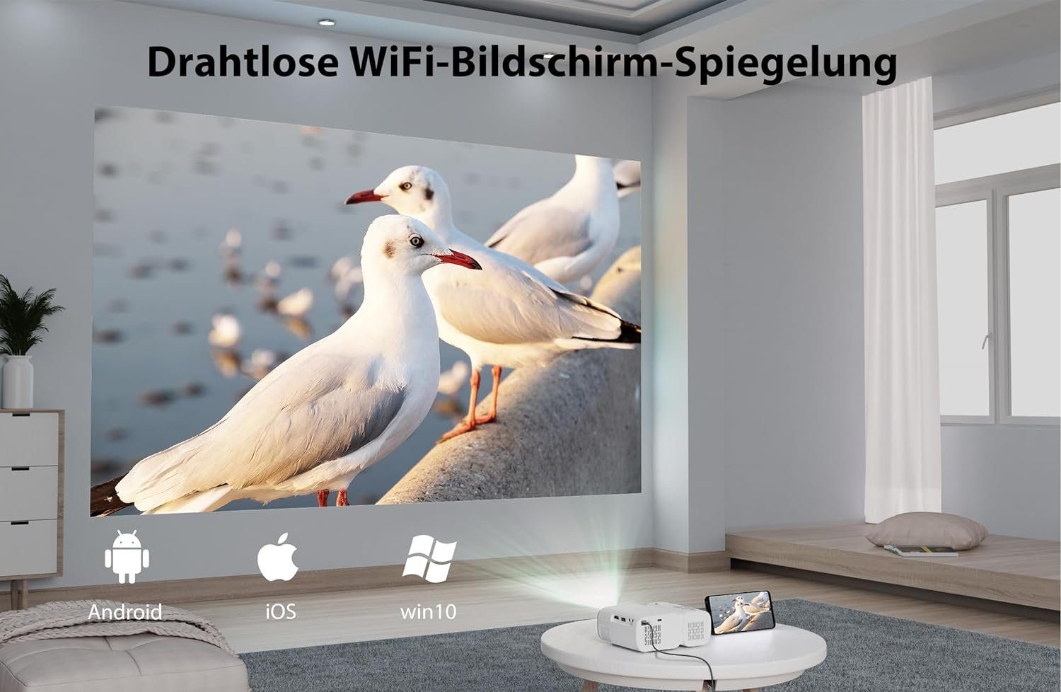 Jimveo Portabler Projektor (9000 lm, 3840 x 2160 px, 1080p Full HD Beamer 250''Display Mini Projektor LCD Heimkino Outdoor)