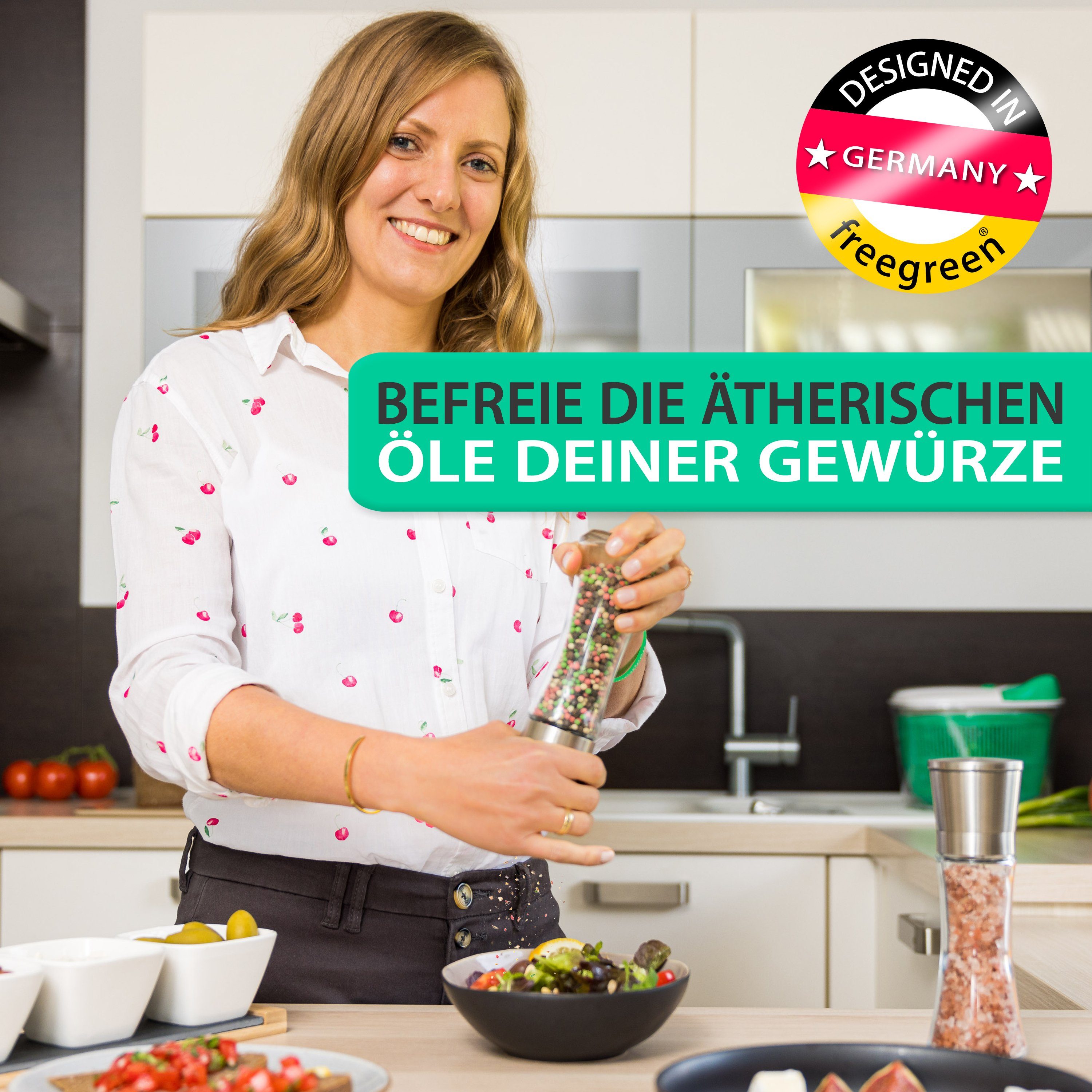 freegreen® Gewürzmühle PREMIUM Salz und Pfeffermühle 19cm 2er Set + Clean Eating Kochbuch Manuell für ein einzigartig gleichmäßiges Mahlergebnis!, mit verstellbarem Keramik-Mahlwerk und Geschenkverpackung