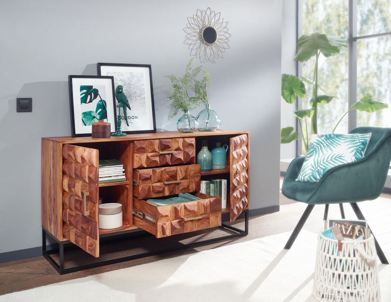 Skyport WOHNLING Sideboard 145x81x45 cm Holz Massiv Kommode Anrichte Modern Standschrank