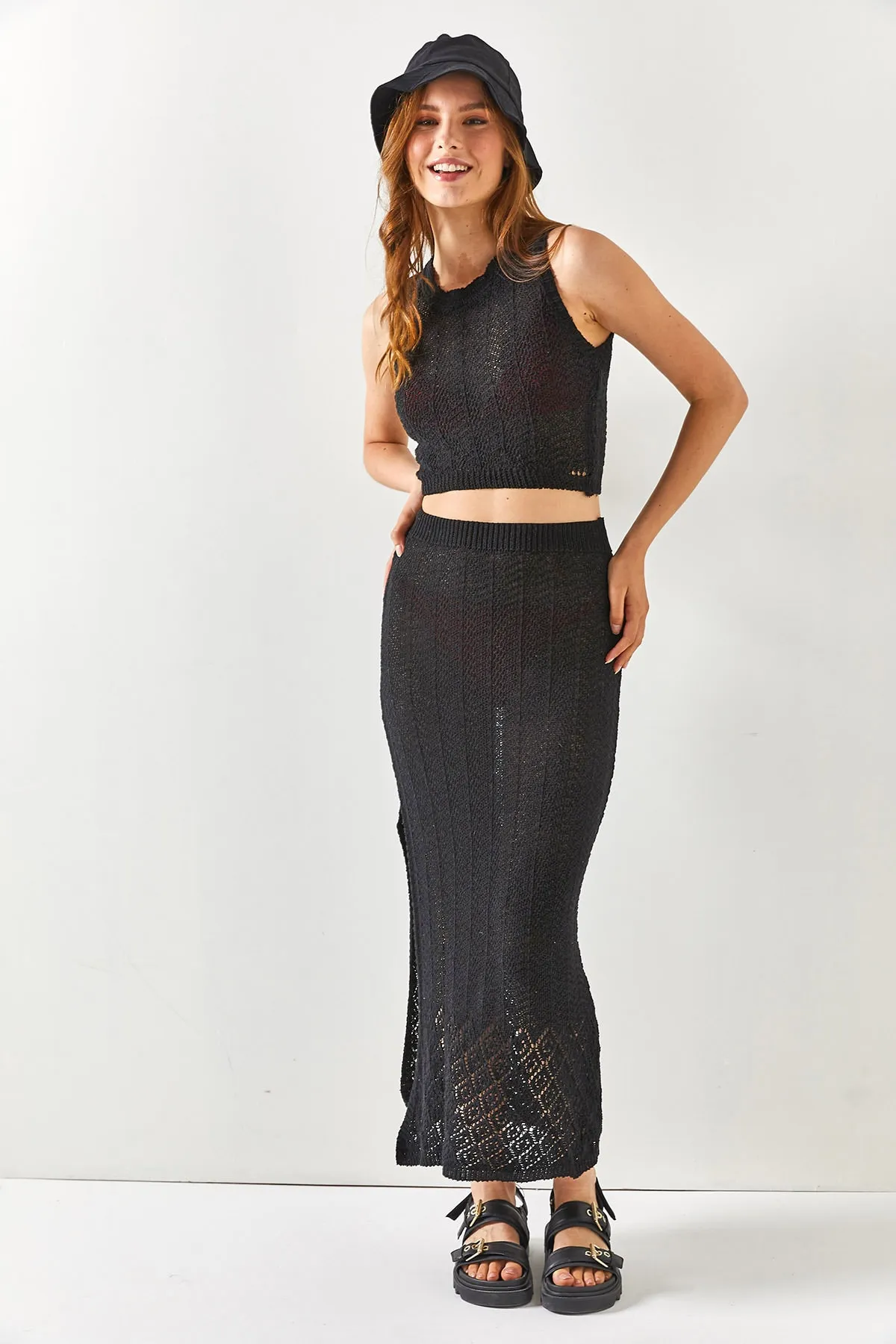 Olalook  Damen Schwarz Top Bluse Unterteil Schlitz Rock Strandanzug TKM-19000213