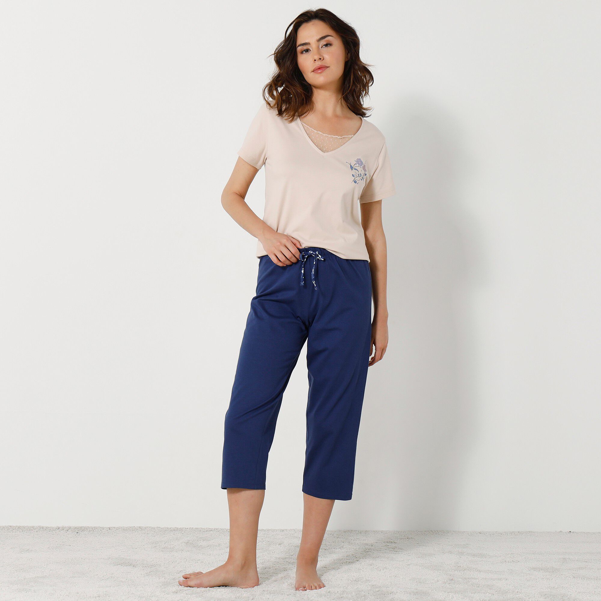 Pantacourt pyjama coton uni avec noeud imprimé floral