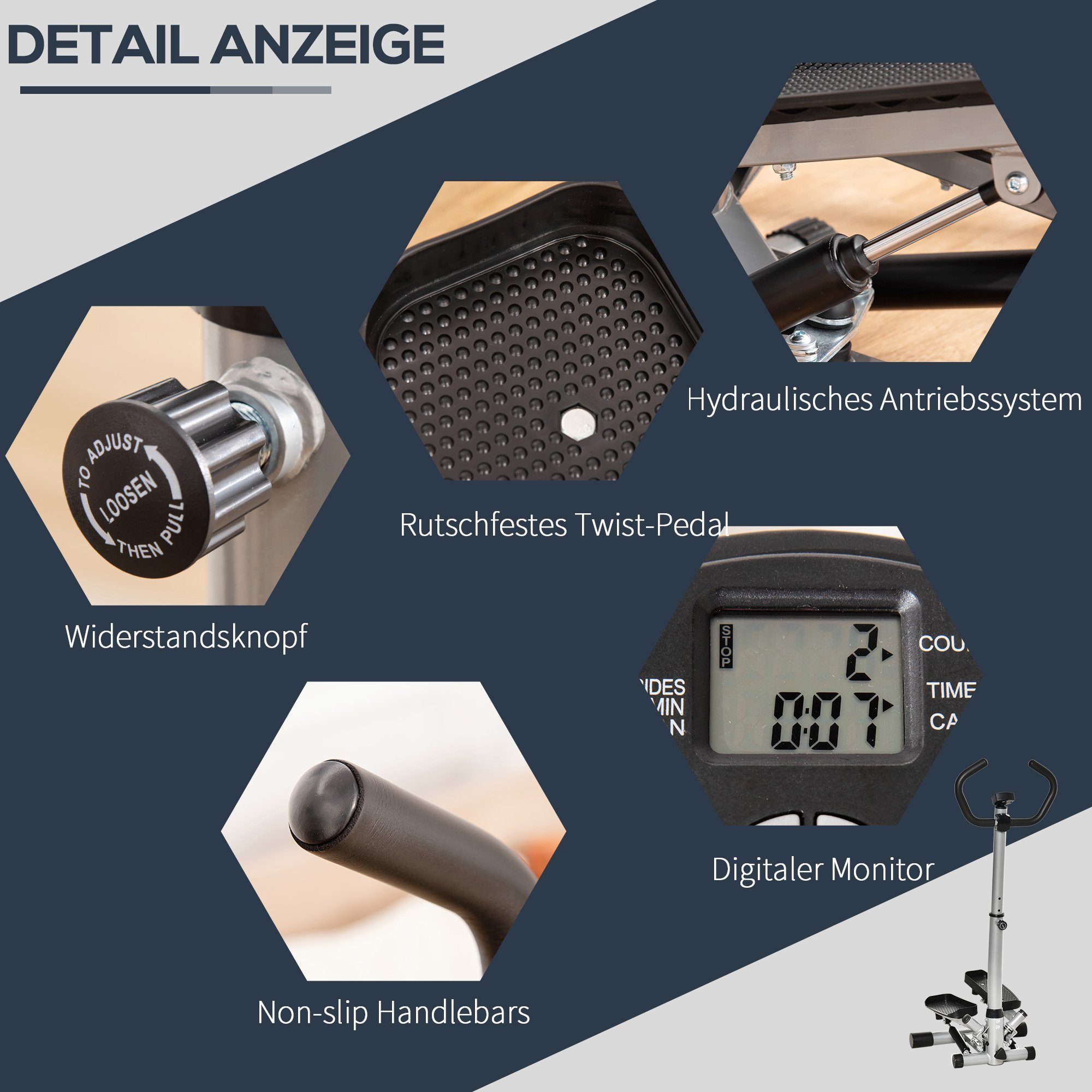 HOMCOM Stepper mit Handgriff Heimtrainer Fitnessgerät Metall ABS Schwarz+Silber (Set, 1-tlg., mit LCD-Bildschirm einstellbare Geschwindigkeit), 55L x 53B x 118-128H cm