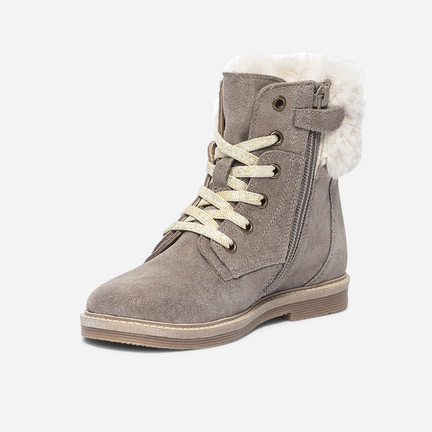 Bottine taupe irisé en cuir velours fourré