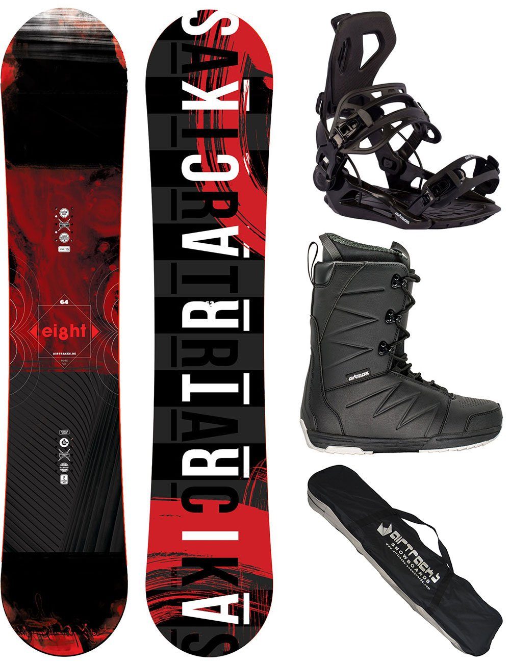 Airtracks Snowboard Herren Snowboard Komplett Set Eight Rocker Wide  Mod. 23 (4er Pack), Snowboard + Bindung Master + Boots + SB Bag / 150 155 160 164 cm