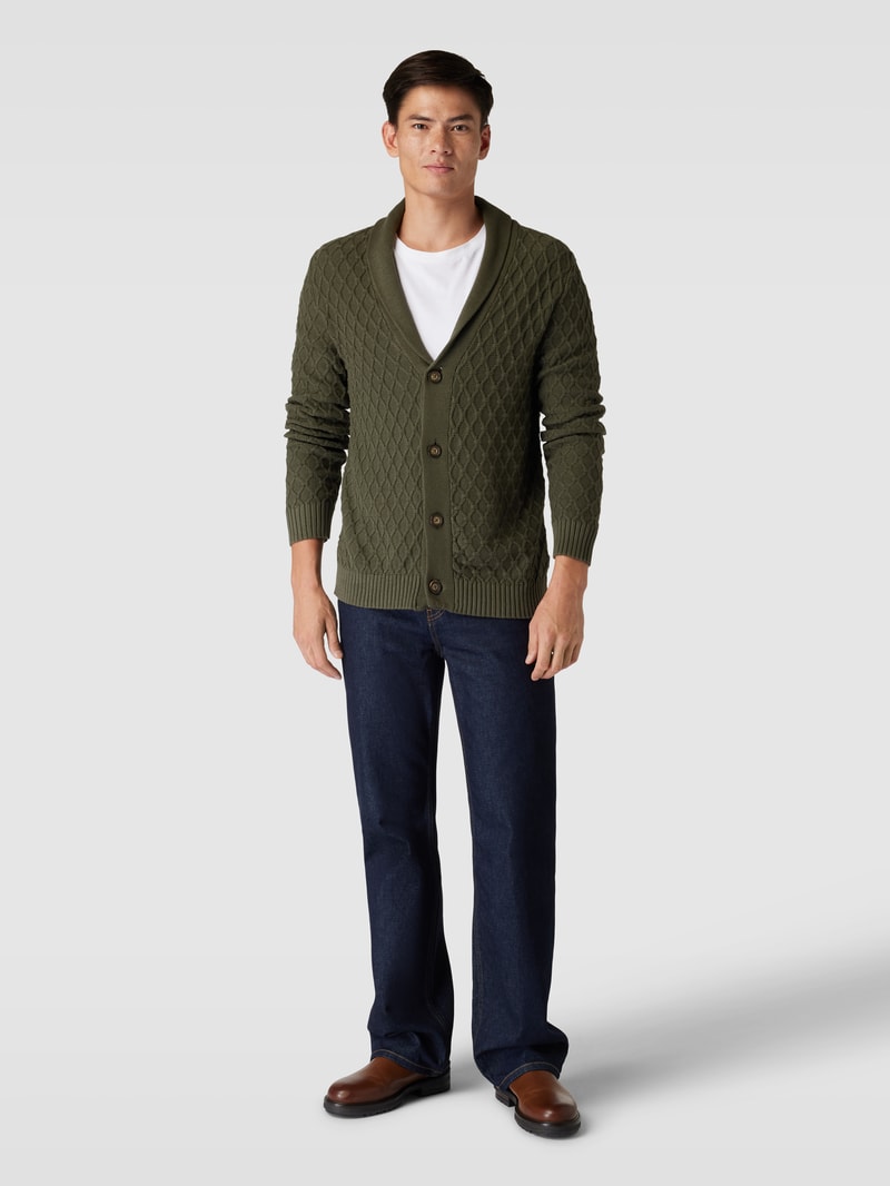 Strickjacke mit Schalkragen und Knopfleiste in olivgrün