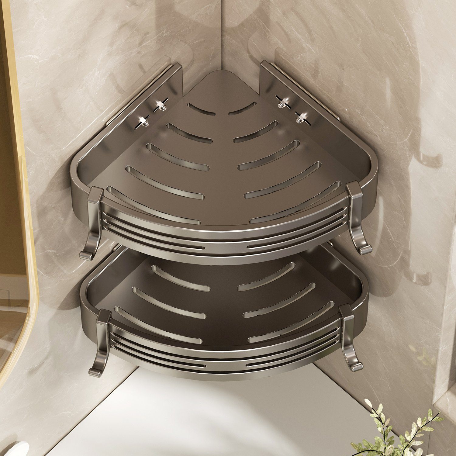 Directin Duschkorb 2-Stück Eckregal ohne Bohren aus rostfreiem Aluminium für die Dusche (Set, mit 4 Klebeflächen und 4 Haken, für Bäder Küchen Duschgel), Badezimmer Duschablage Selbstklebendes Oder Bohren