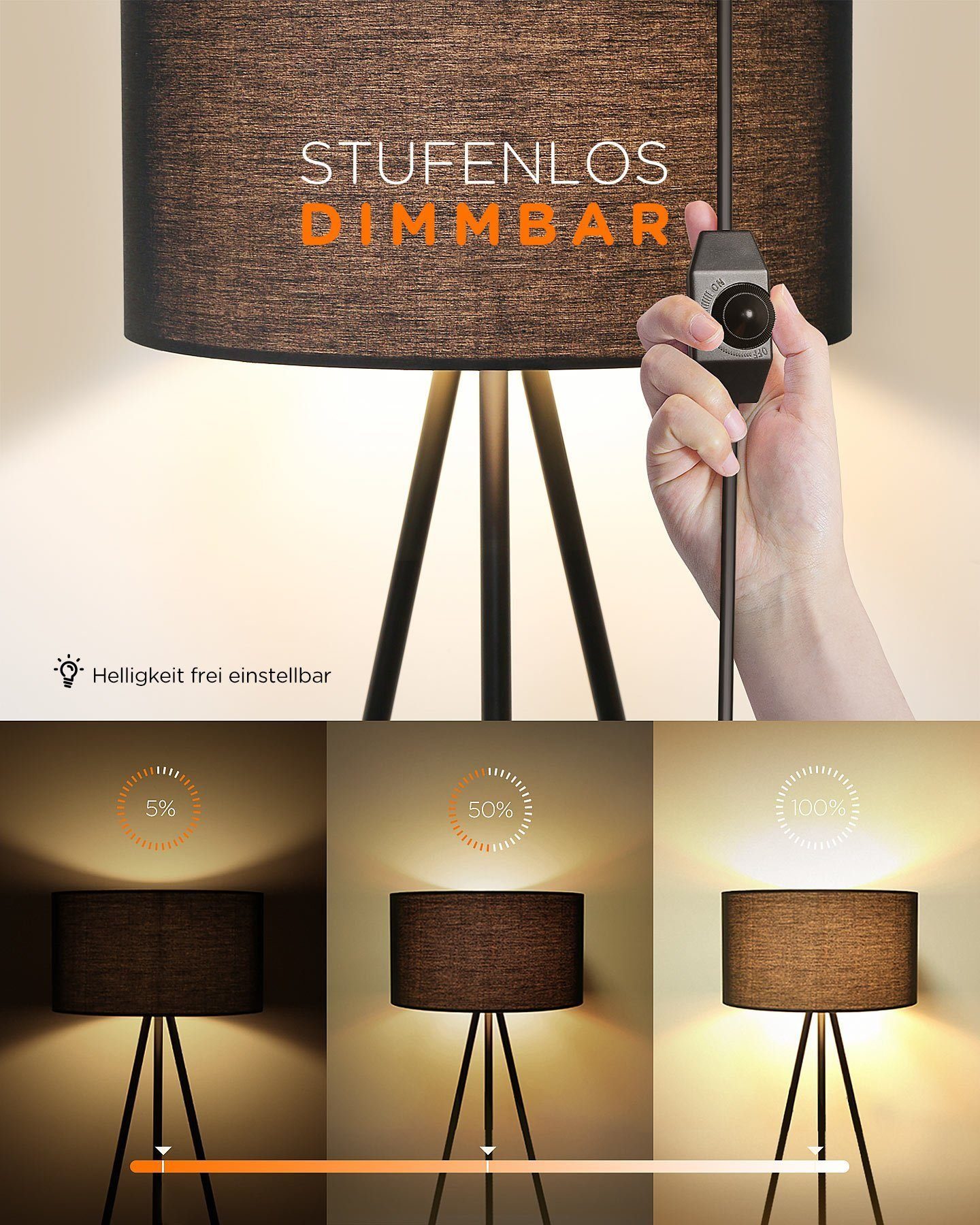 Tomons LED Stehlampe Dimmbar, Stehleuchte mit Dreibeinstativ aus Metall, LED fest integriert