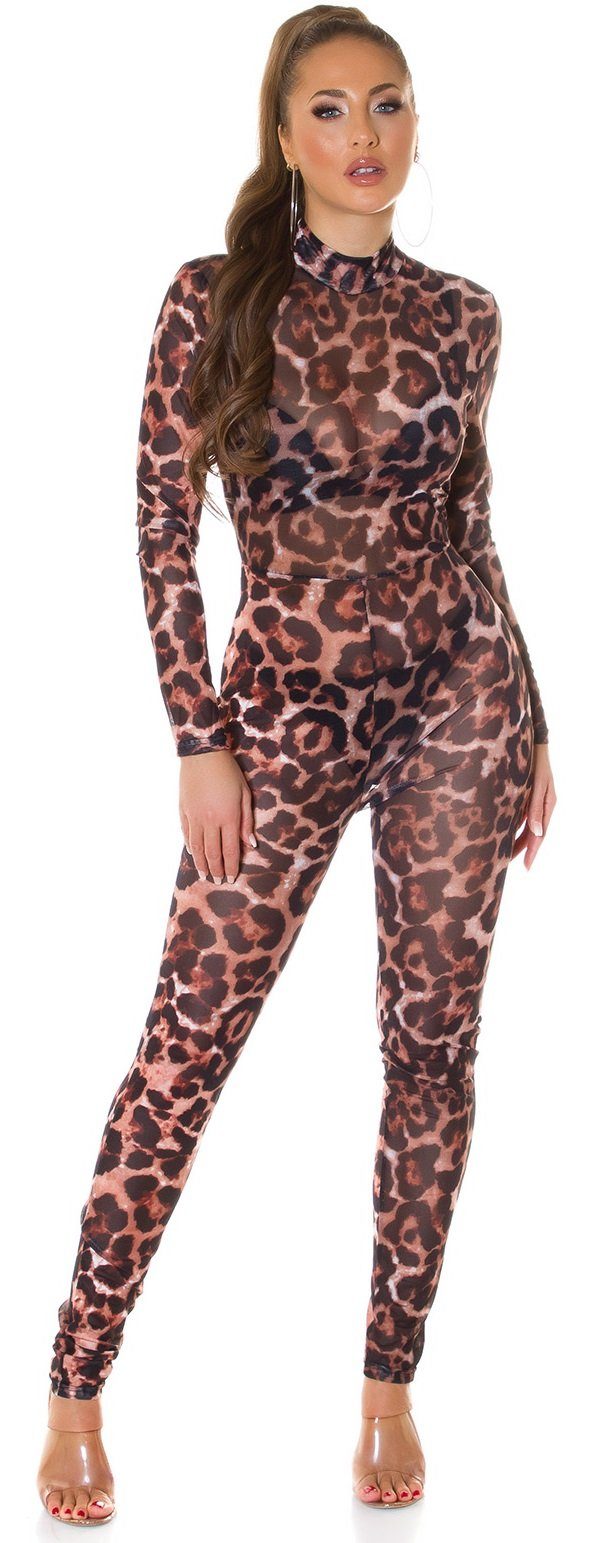 Koucla Jumpsuit Langarm Overall im Animal-Look, Damen Catsuit