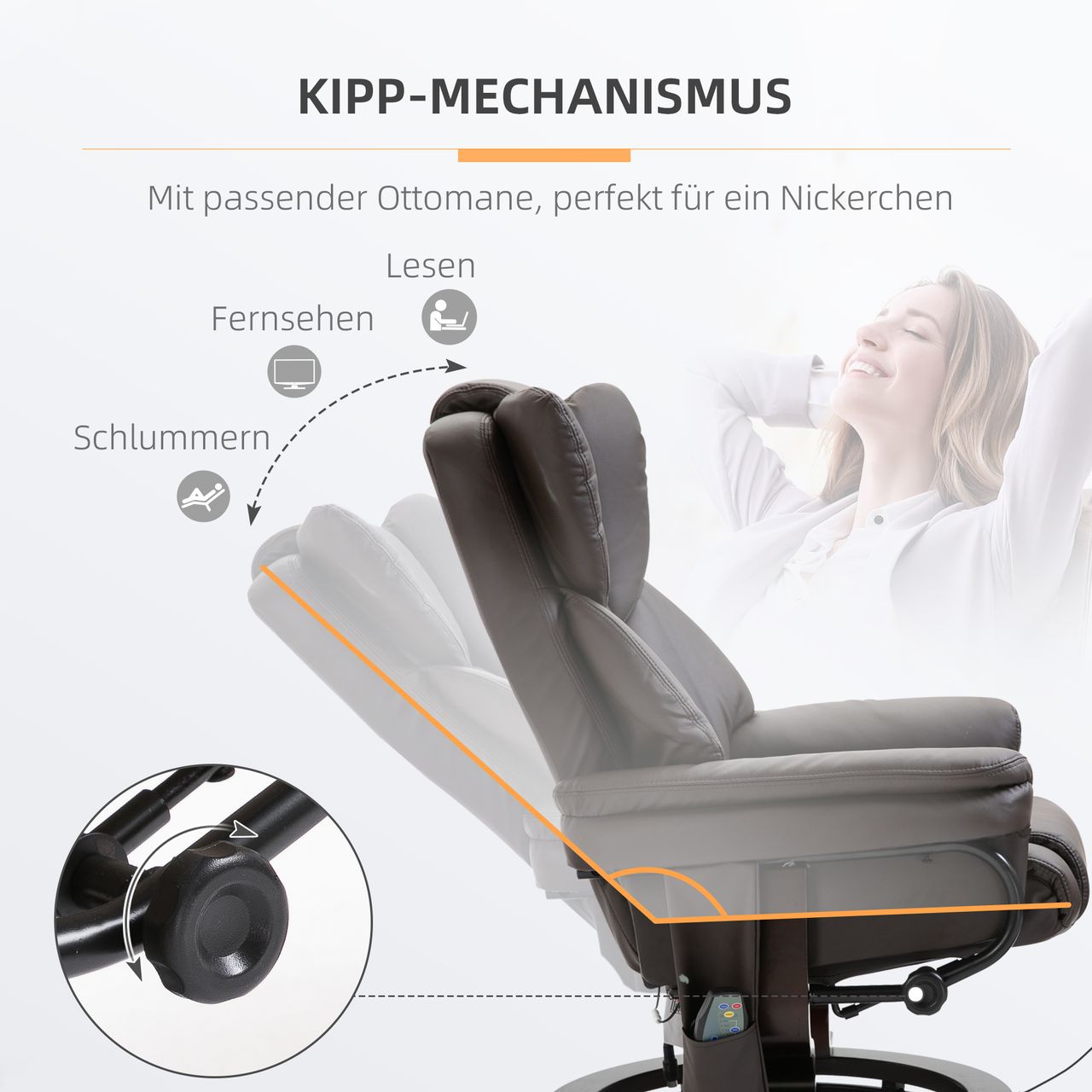 HOMCOM Massagesessel mit Fußhocker Relaxsessel 145°-Neigung Kunstleder Braun 79 x 82 x 101 cm