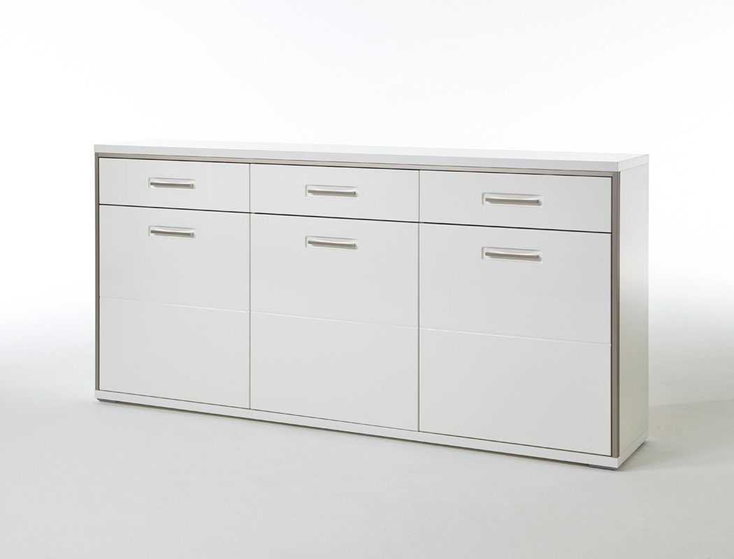expendio Wohnzimmer-Set Travis 140, (Spar-Set, 8-St), weiß Hochglanz montiert LED + Softclose + 4x Stuhl Kunstleder schwarz