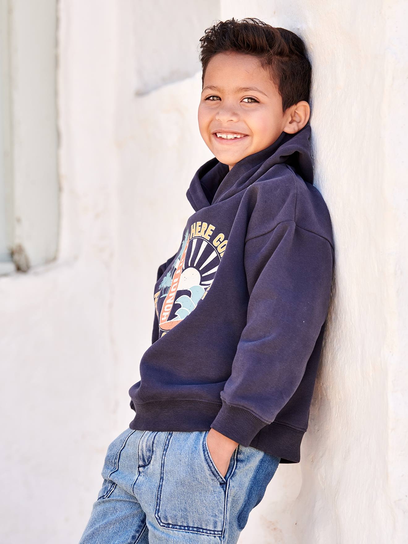 Vertbaudet Jungen Kapuzensweatshirt mit großem Print - nachtblau