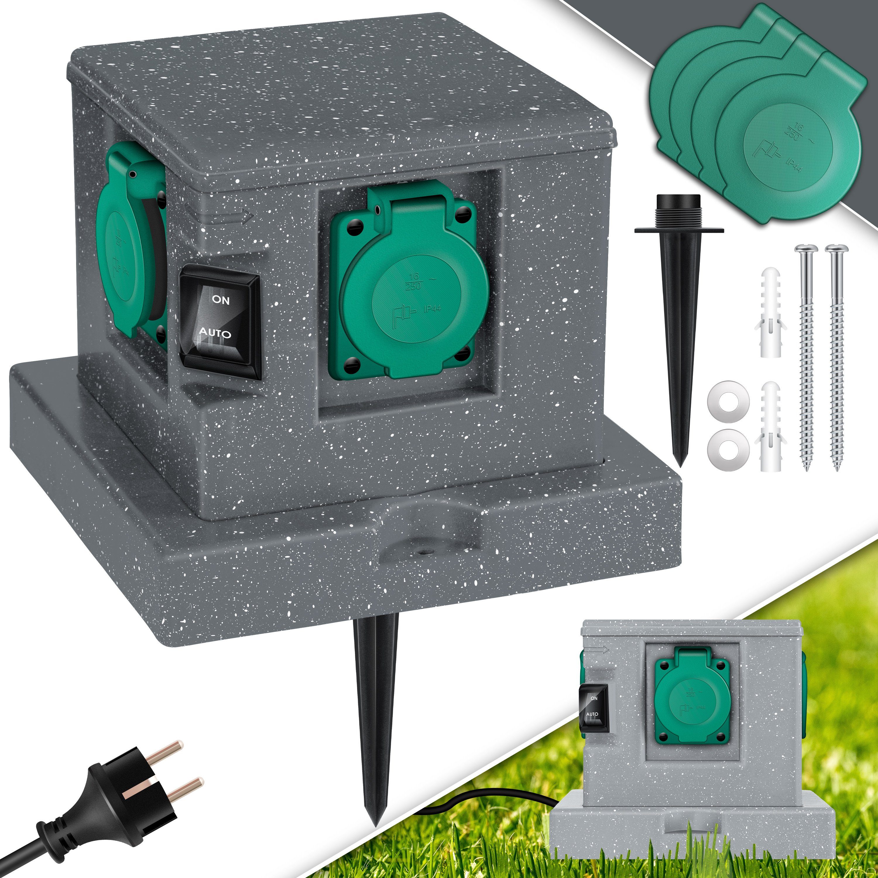 KESSER Gartensteckdose, Gartensteckdose Steinoptik mit Steckplätzen Inkl.Erdspieß