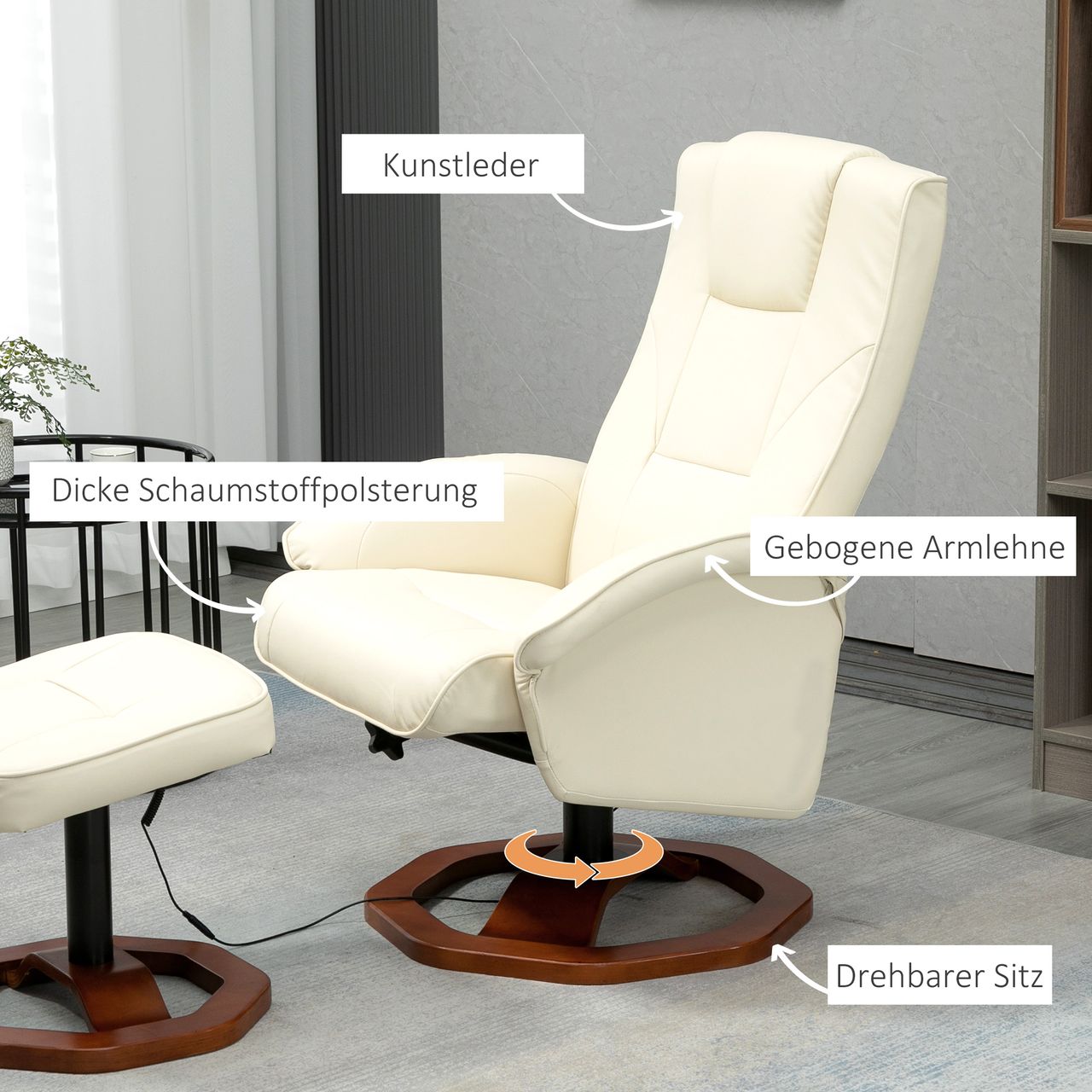 HOMCOM Massagesessel Relaxliege mit Fußhocker Relaxsessel Liegefunktion Fernsehsessel Liegesessel mit Massagefunktion 360° drehbar Kunstleder Stahl Cremeweiß Braun 73 x 83 x 106 cm