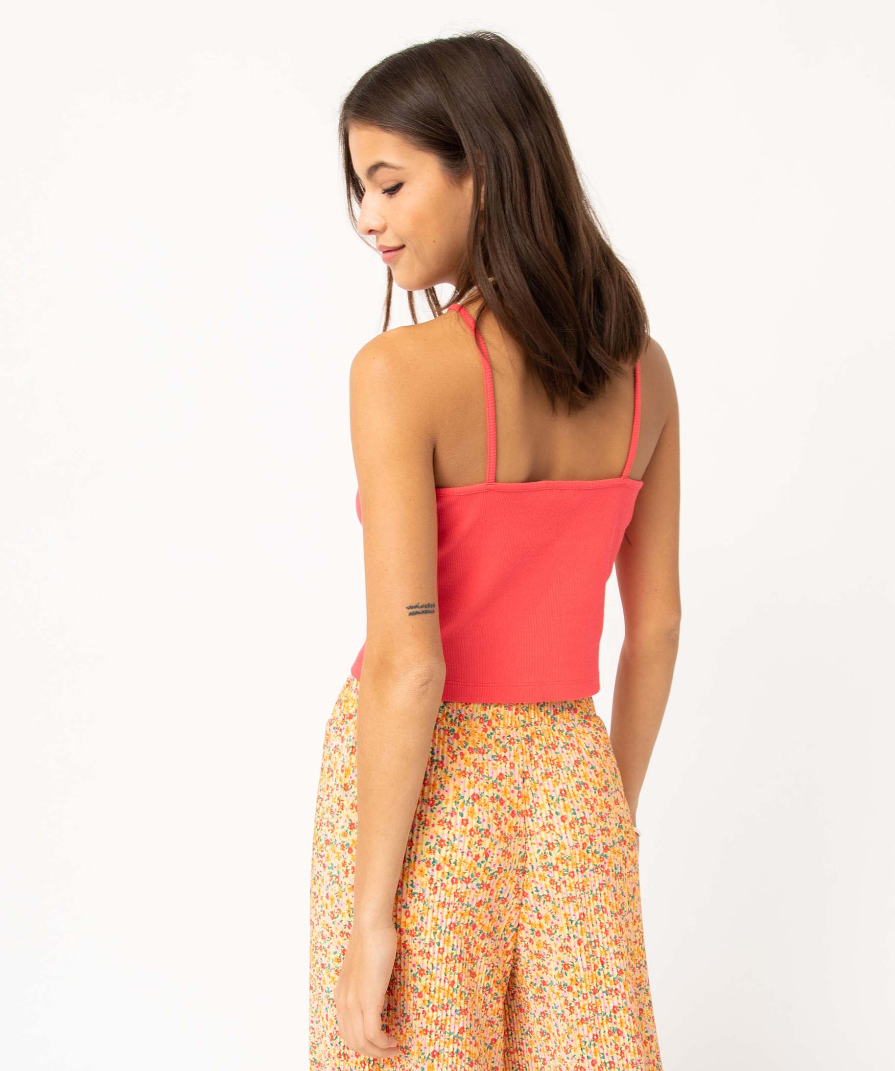 Débardeur femme ctelé à bretelles fantaisie rose | GEMO