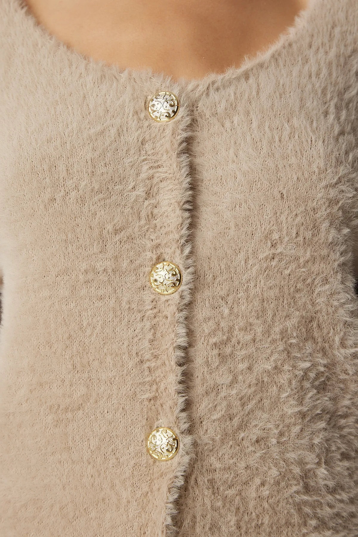 Happiness İstanbul  Beigefarbene weiche Strickjacke mit Bärtchen für Damen NF00067
