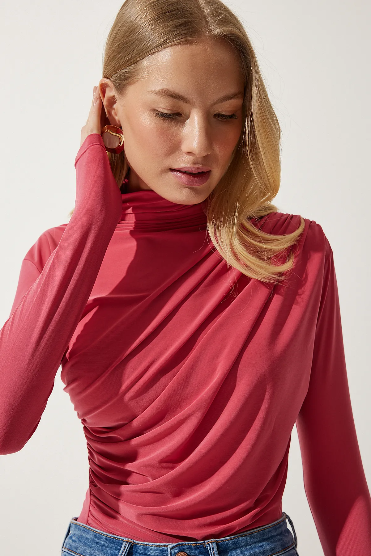 Happiness İstanbul  Damen Bluse Sandy mit Stehkragen und Raffung in Bonbonrosa FF00135