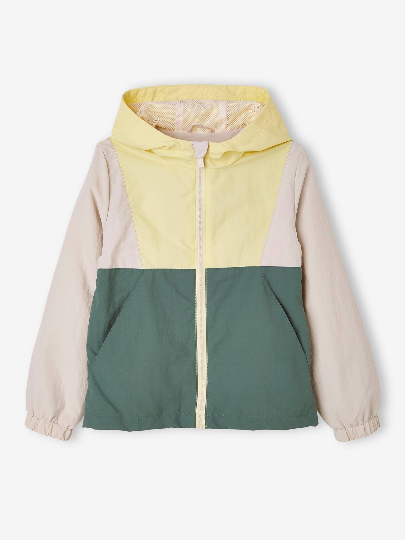 Coupe-vent à capuche garçon effet colorblock jaune pastel