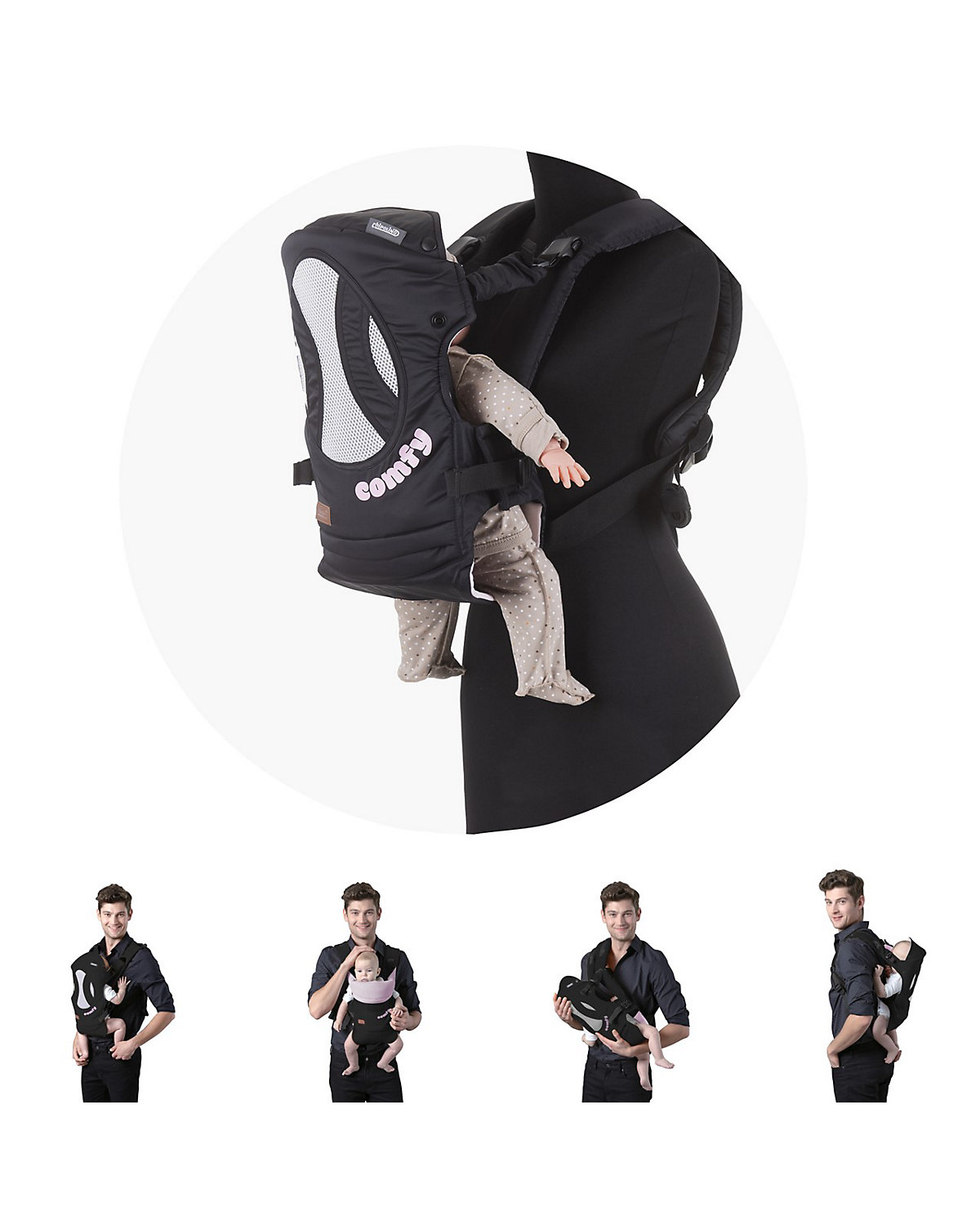 Babytrage Comfy 3 in 1 Bauch- und Rückentrage 4 Positionen bis 9 kg ab Geburt Babytragen
