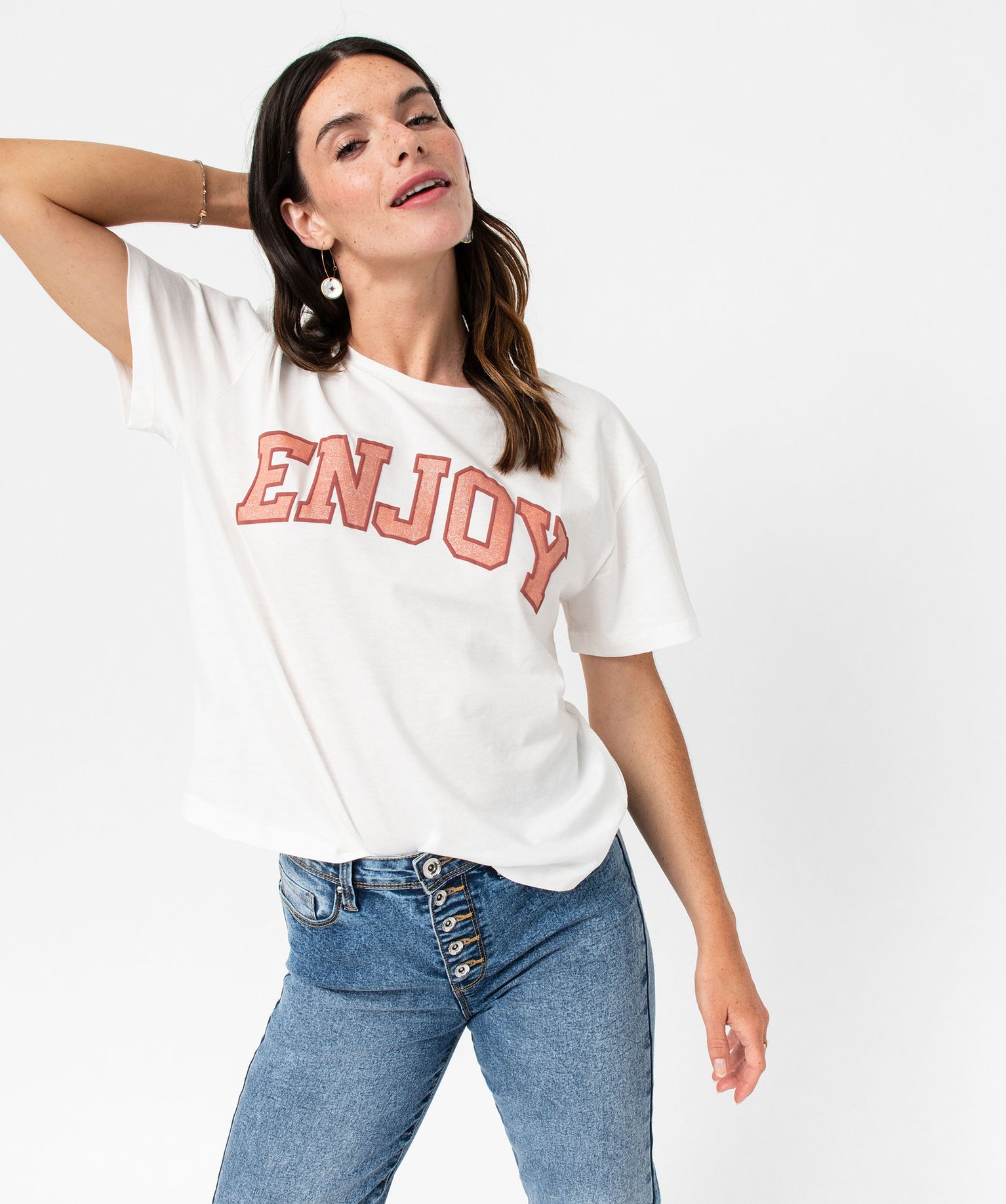 Tee-shirt à manches courtes avec message pailleté femme blanc | GEMO