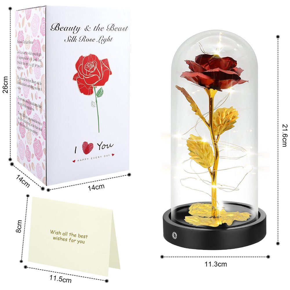 Kunstblume Rose im Glas: Edle Kunst-Rose & Bär, mit LED Lichter,ewige Blumen, Sunicol, Höhe 22 cm, für Hochzeit Muttertag Geburtstag Valentinstag Geschenk