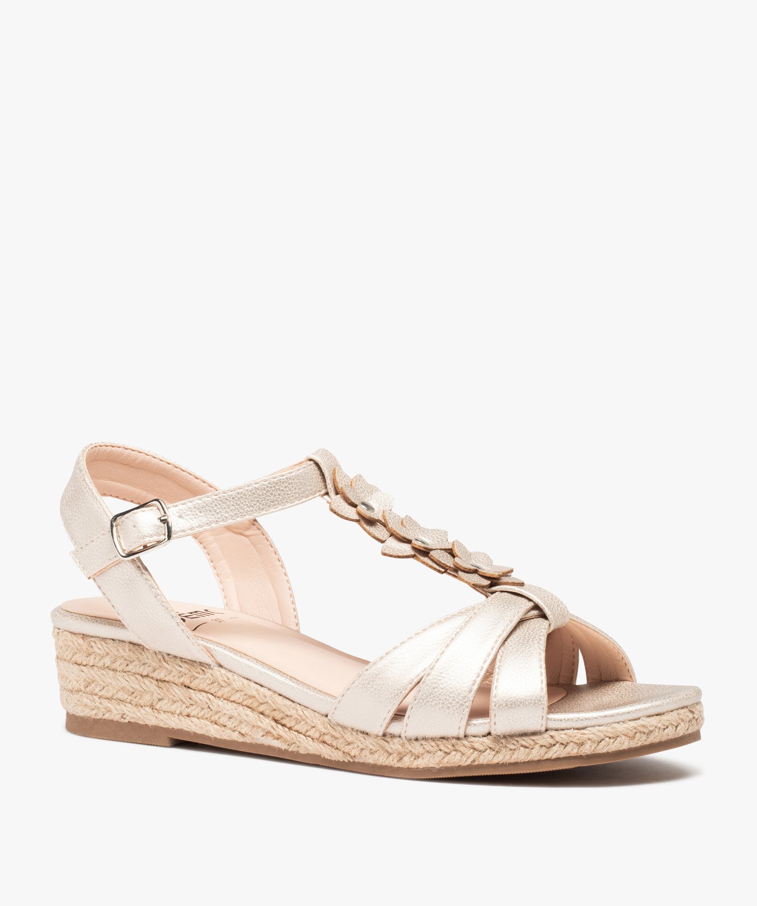 Sandales femme compensées ornées de fleurs en volume or | GEMO