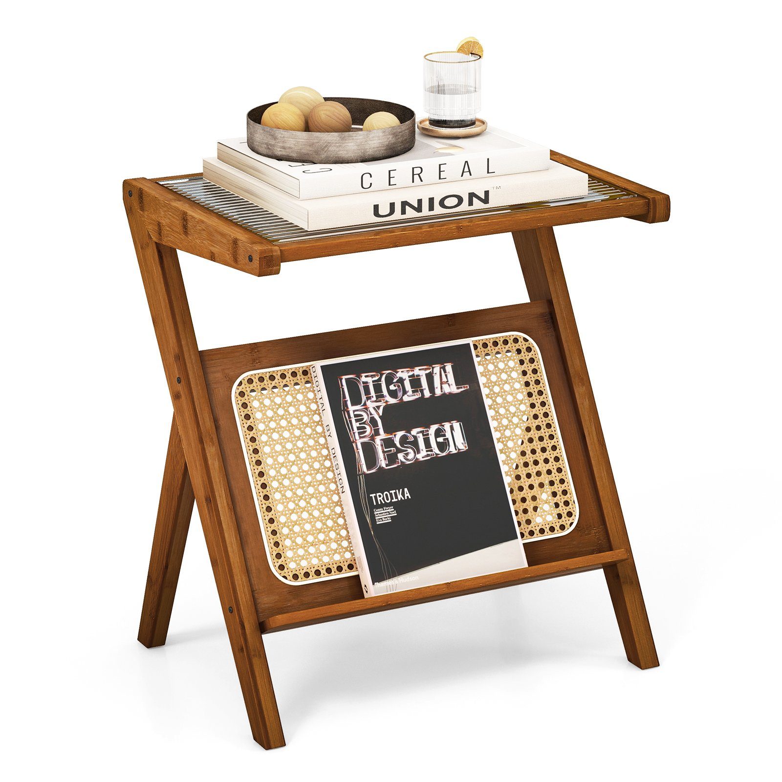COSTWAY Couchtisch, Bambus, mit gehärteter Glasplatte & Rattan Magazinhalter