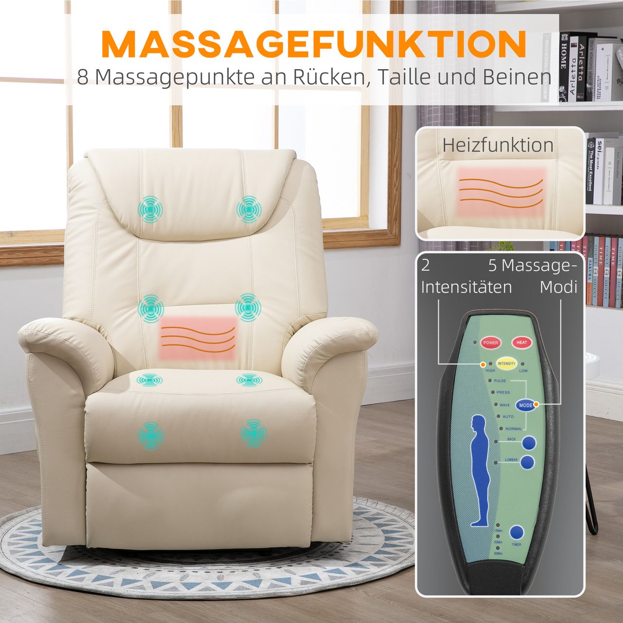 HOMCOM Sessel mit Aufstehhilfe, Verstellbarer Massagesessel Kunstleder Creme
