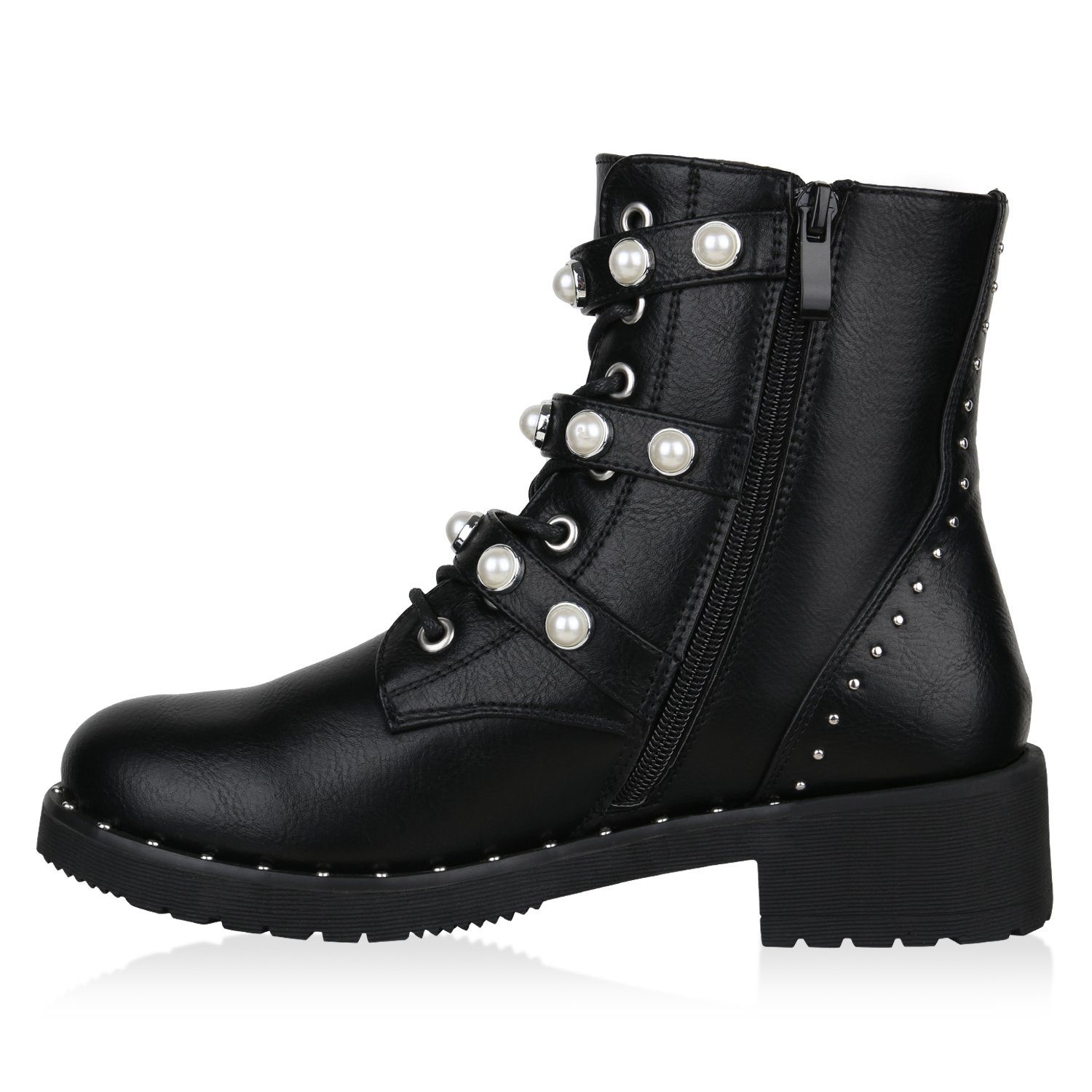 VAN HILL 824765 Schnürstiefelette mit glänzender Schnallenverzierung und eindrucksvollen Zierperlen